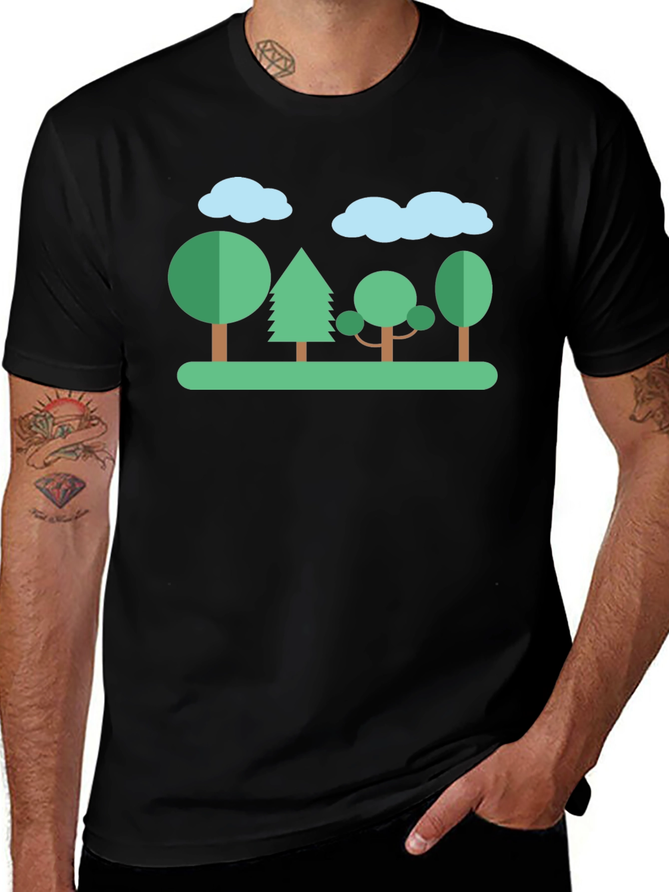 Nature Scene Graphic T-Shirt - Black Cotton Tee