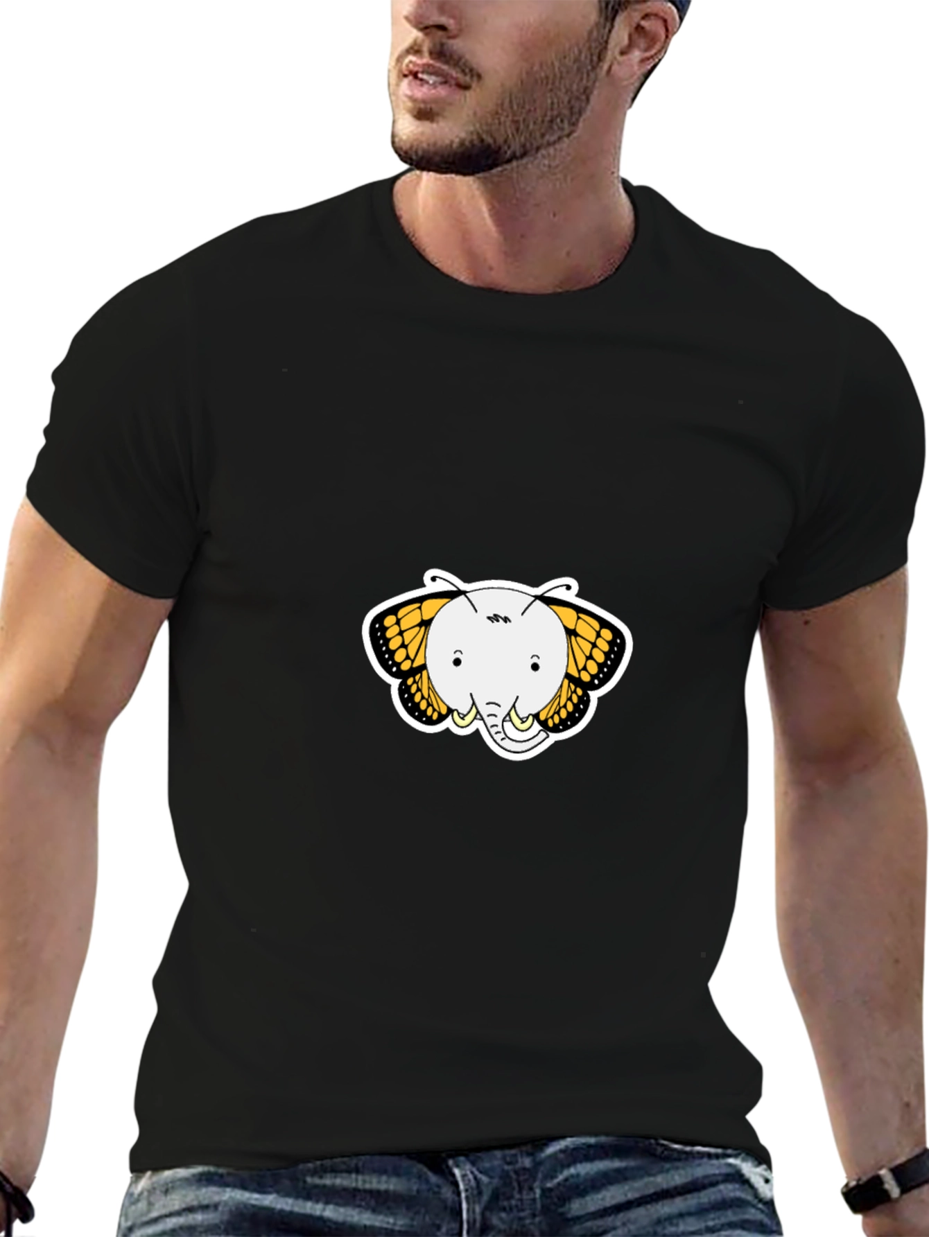 Elephant Butterfly Graphic Tee - Black Cotton T-Shirt