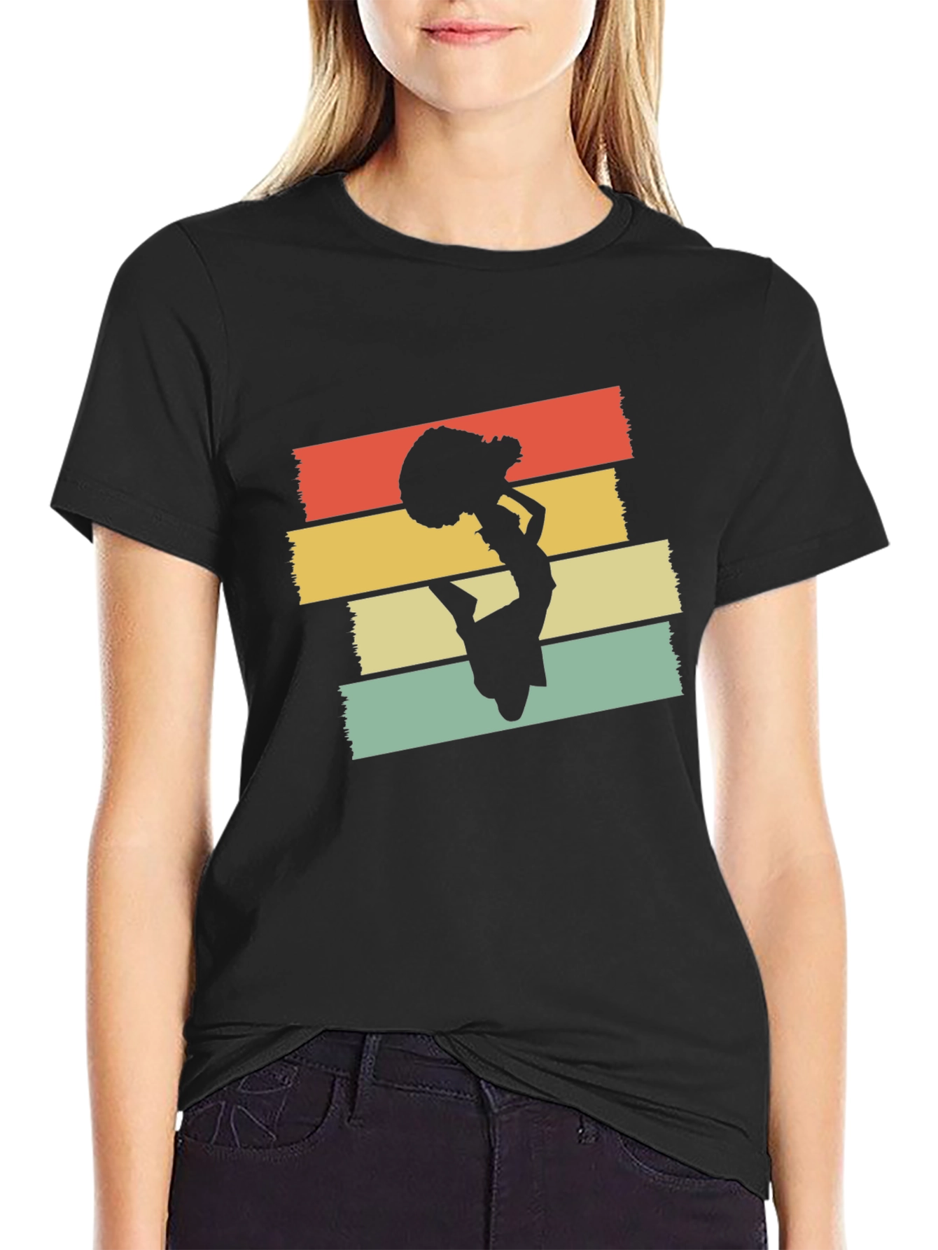 Retro Cheerleader Graphic T-Shirt - Black