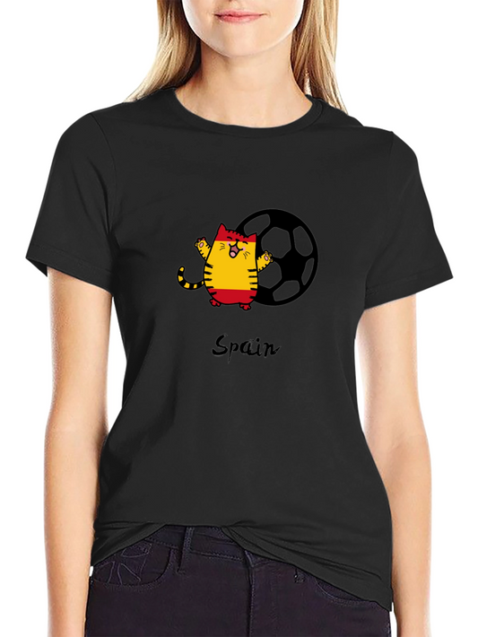 Spain Soccer Cat Black T-Shirt