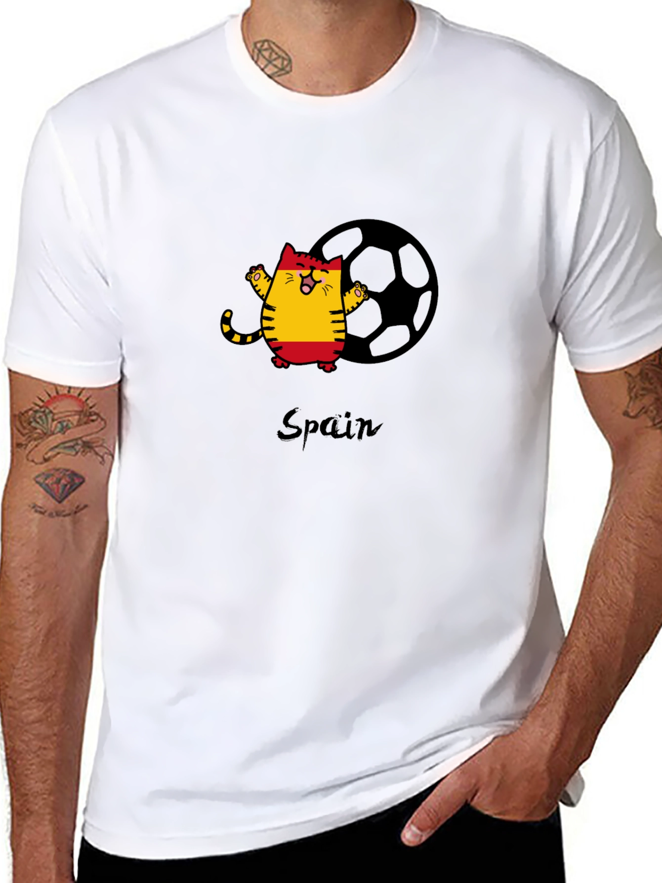 Spain Soccer Cat Black T-Shirt