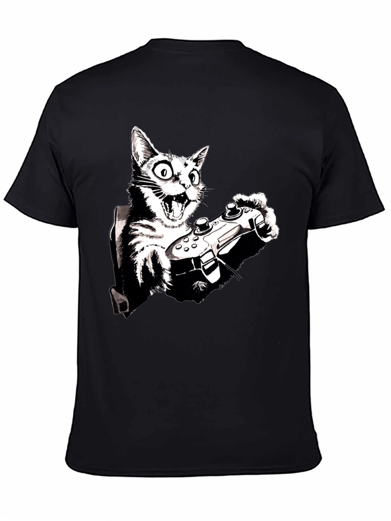 Gamer Cat Graphic Tee - Playful Black T-Shirt