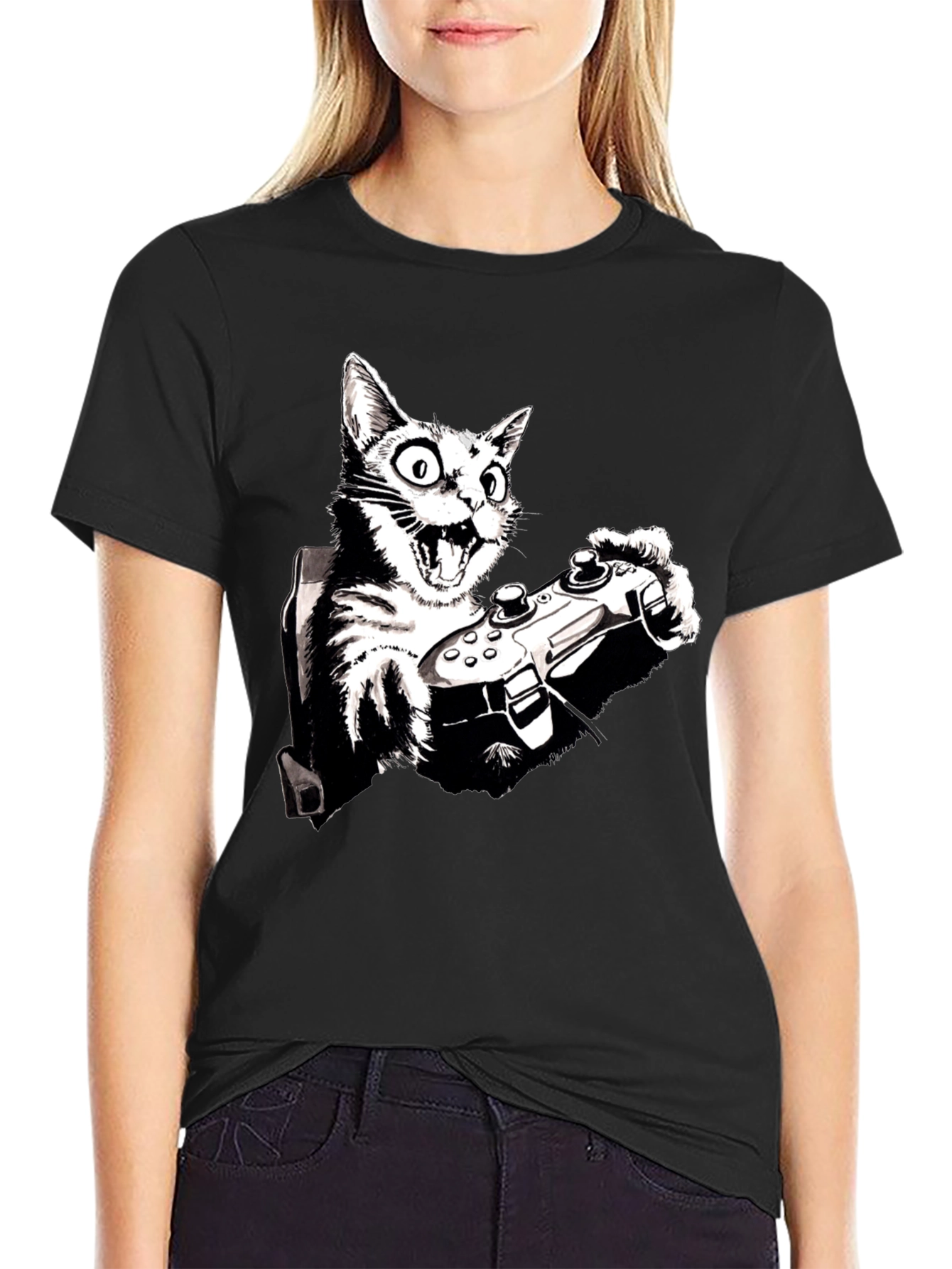 Gamer Cat Graphic Tee - Playful Black T-Shirt