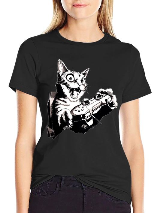 Gamer Cat Graphic Tee - Playful Black T-Shirt