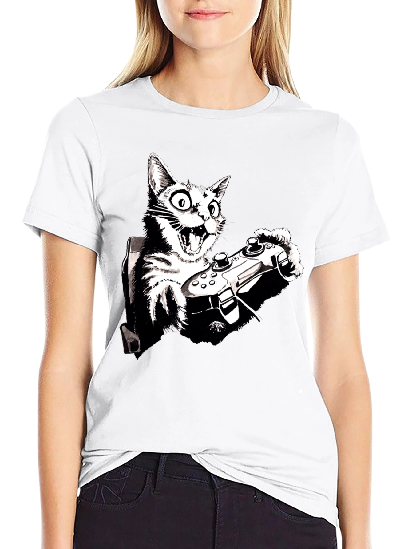 Gamer Cat Graphic Tee - Playful Black T-Shirt