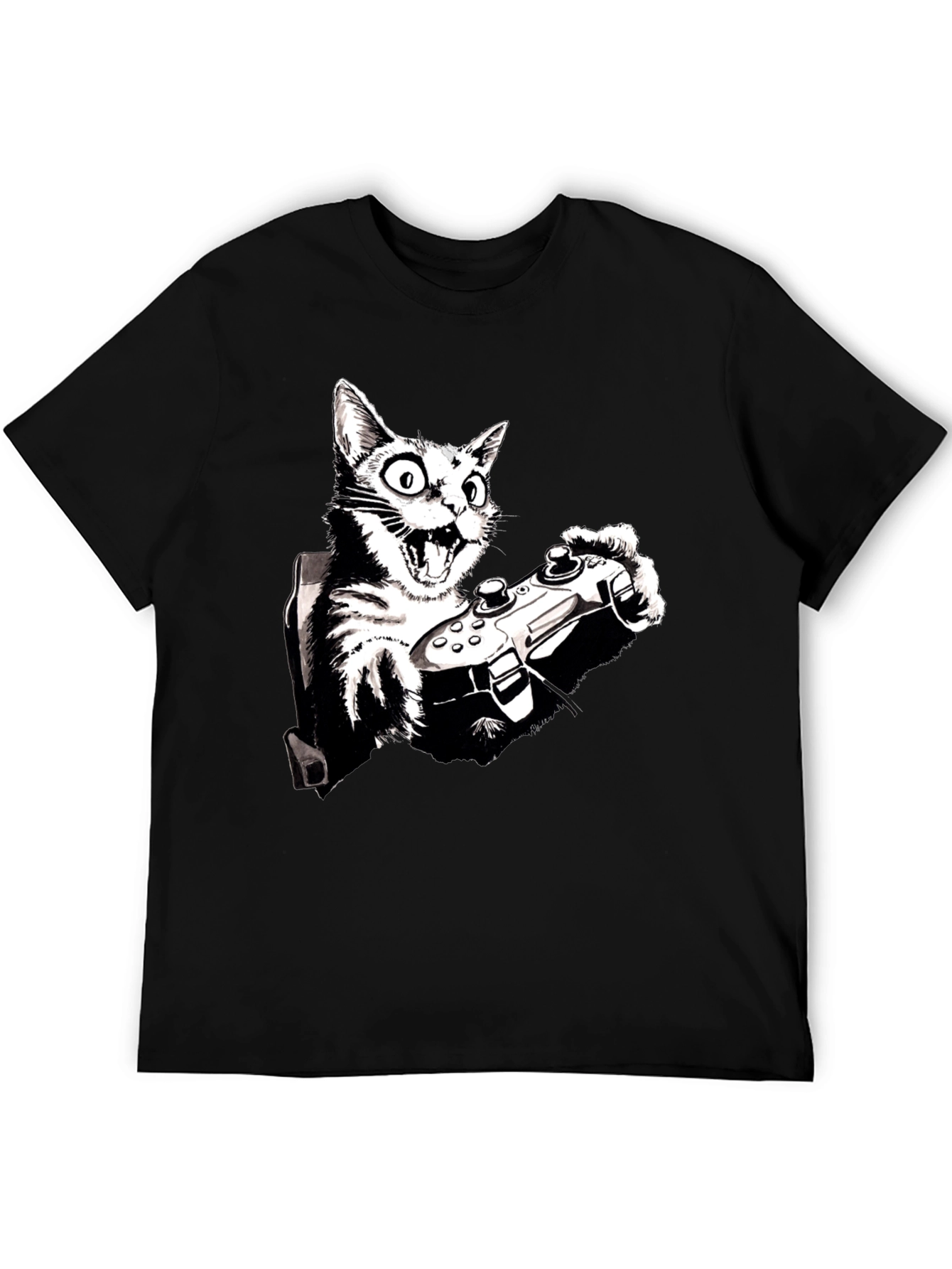 Gamer Cat Graphic Tee - Playful Black T-Shirt