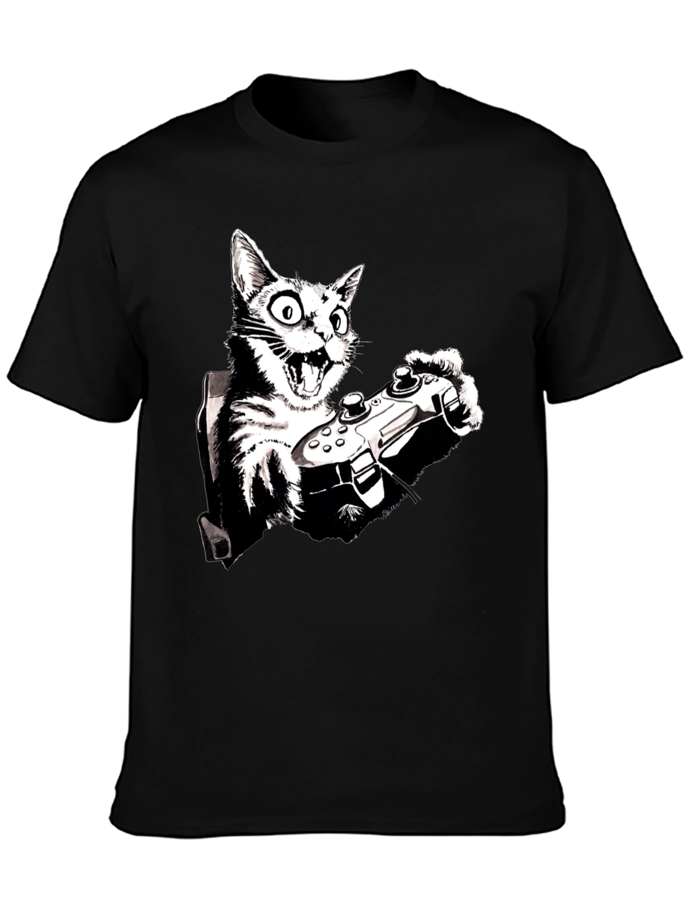 Gamer Cat Graphic Tee - Playful Black T-Shirt