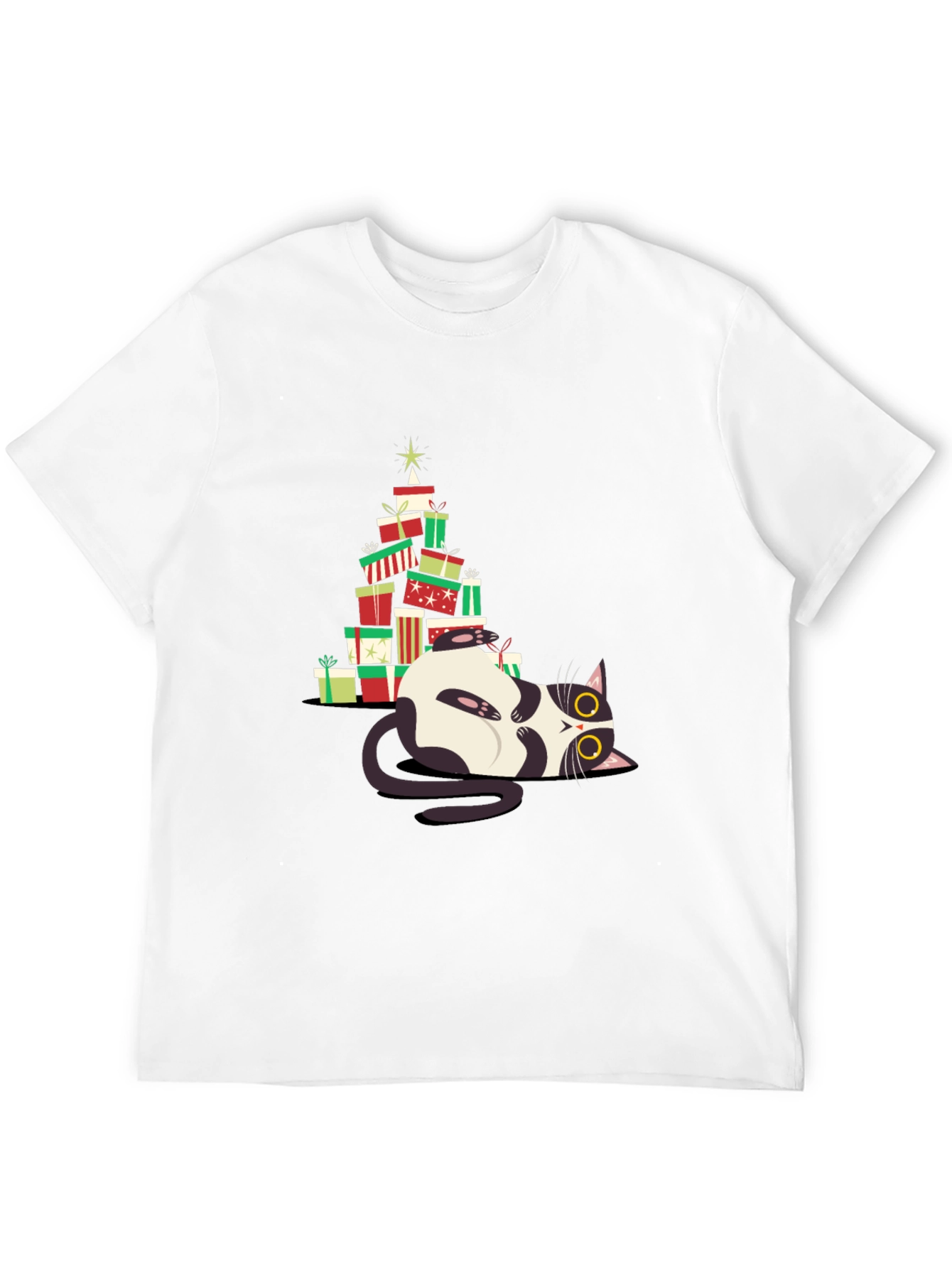 Christmas Cat Gift Stack T-Shirt - Festive & Fun!