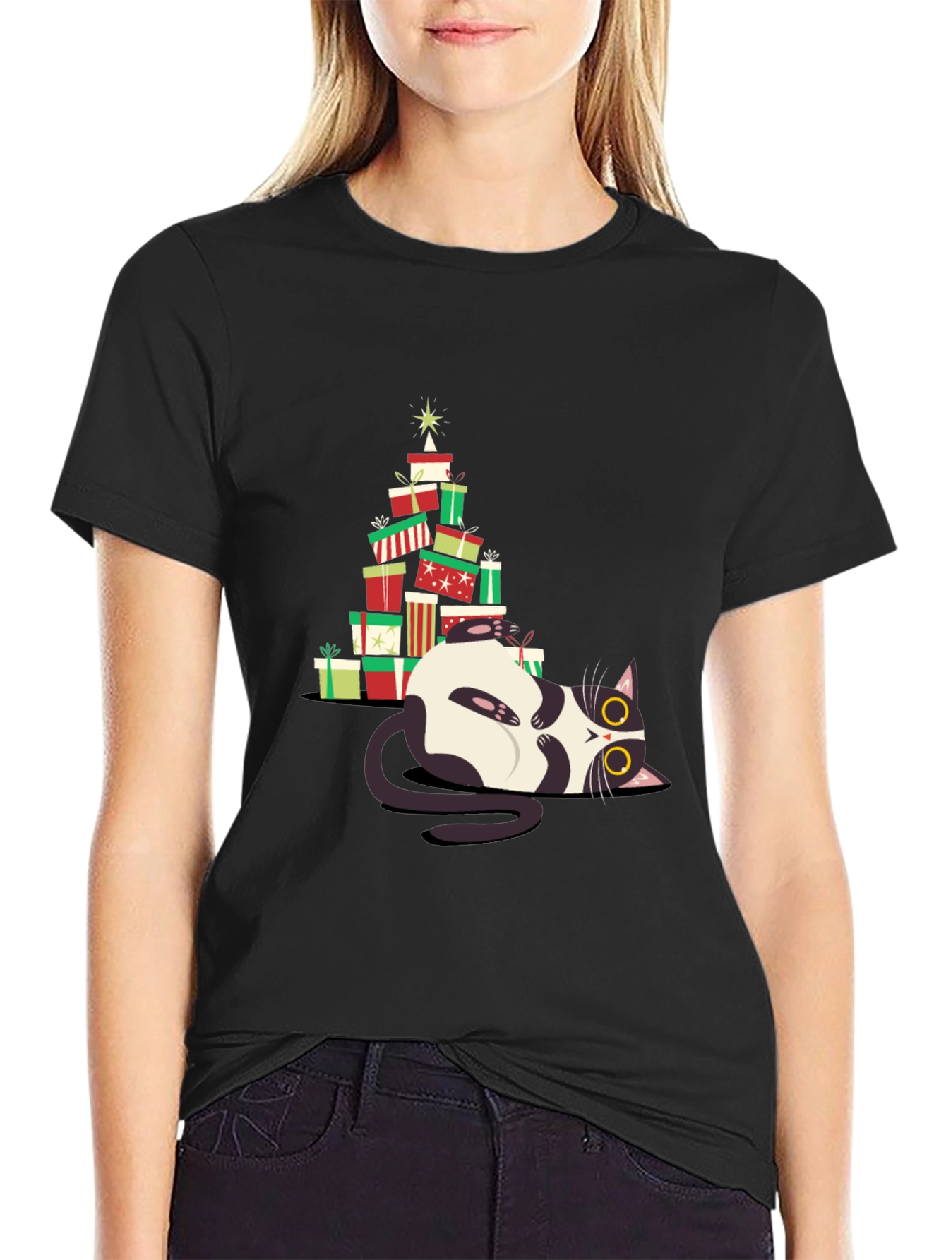 Christmas Cat Gift Stack T-Shirt - Festive & Fun!