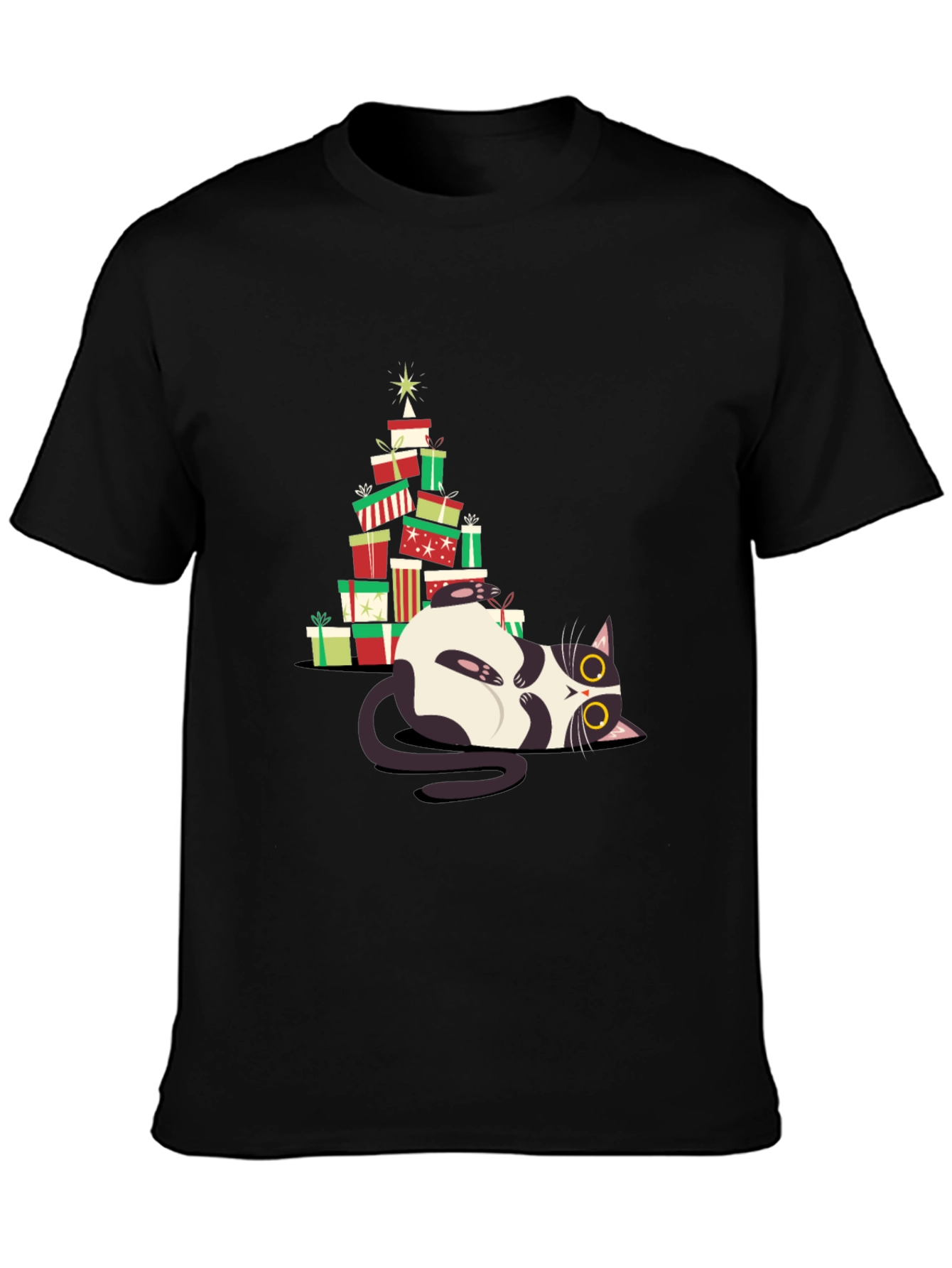 Christmas Cat Gift Stack T-Shirt - Festive & Fun!