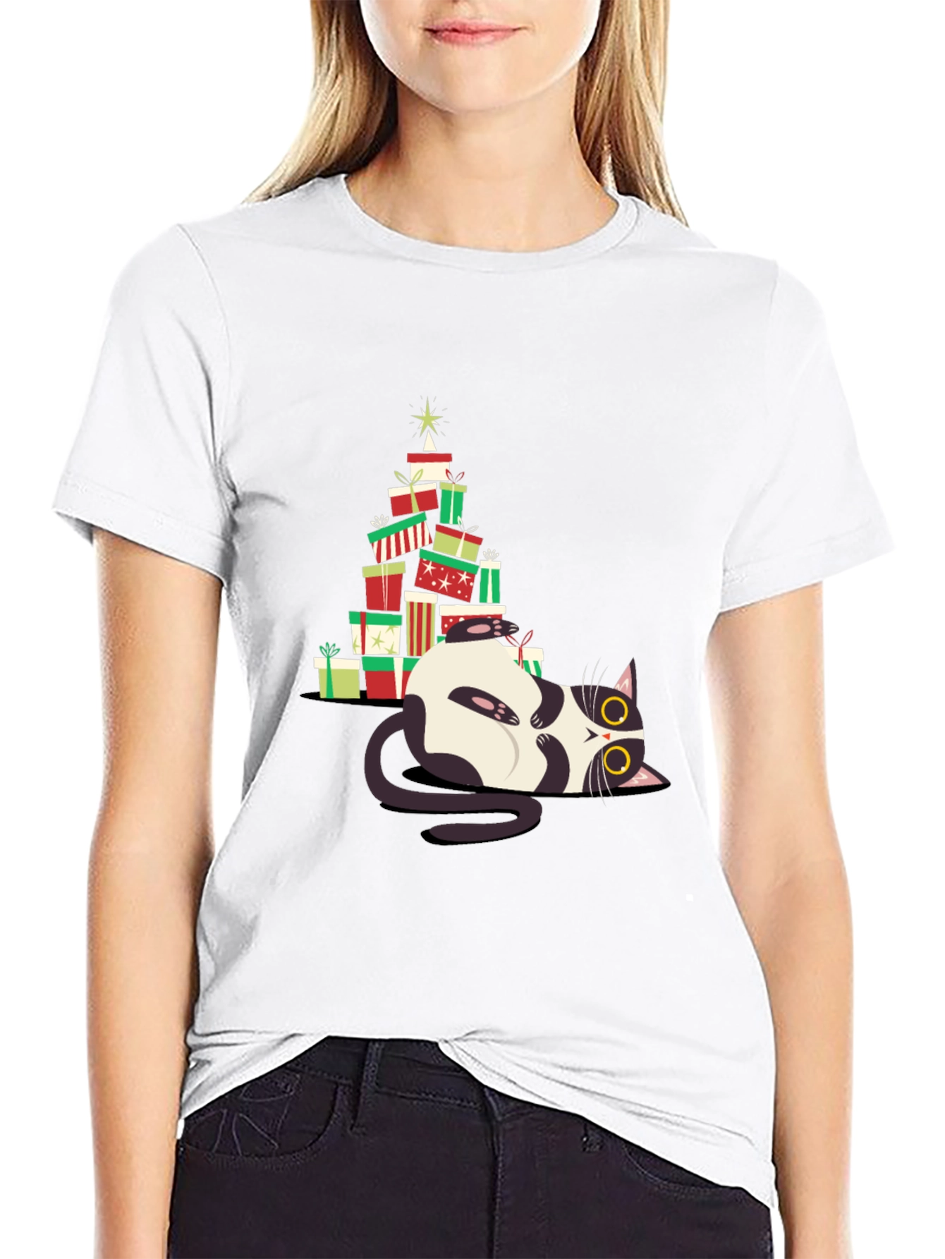 Christmas Cat Gift Stack T-Shirt - Festive & Fun!
