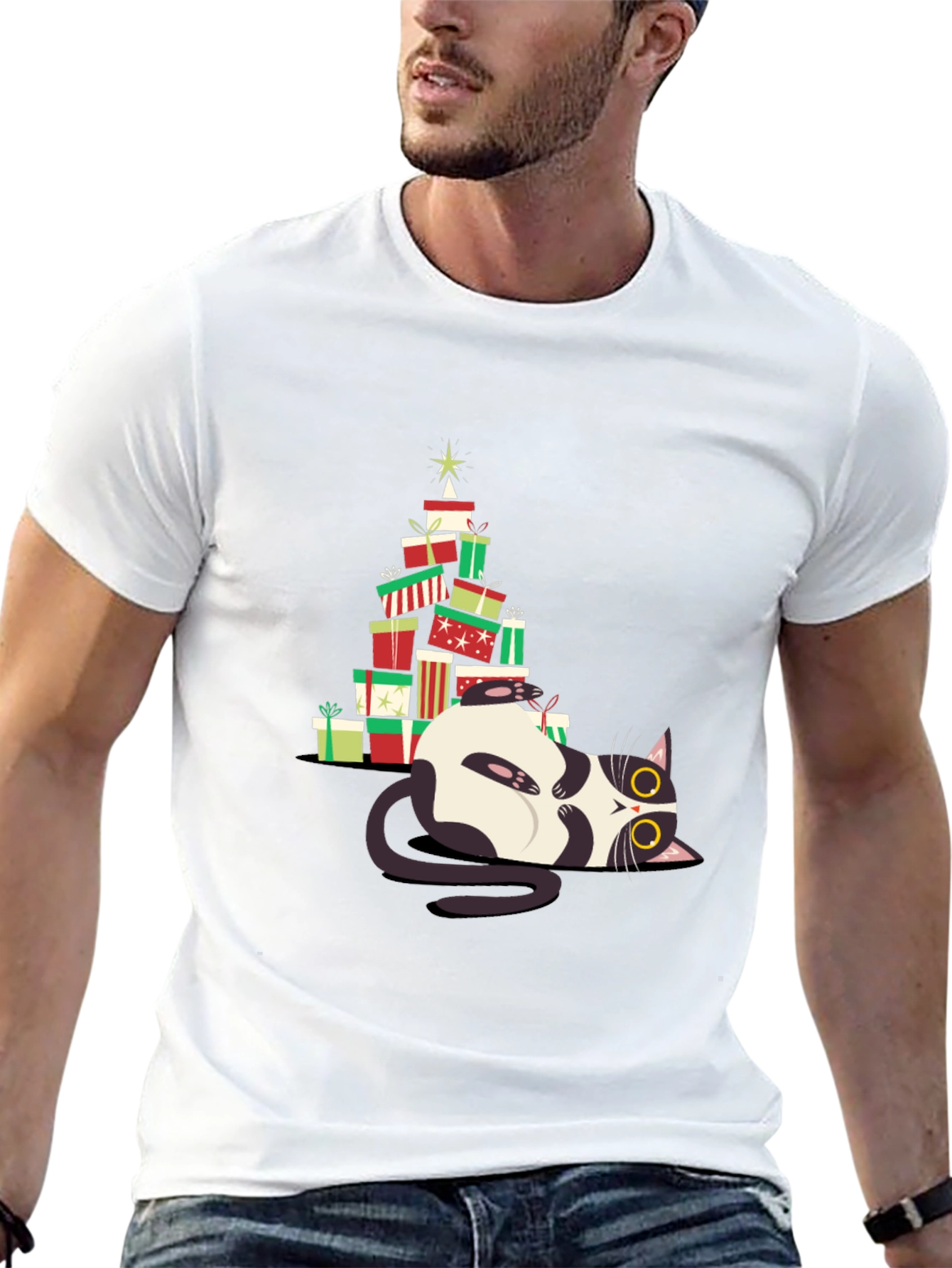 Christmas Cat Gift Stack T-Shirt - Festive & Fun!