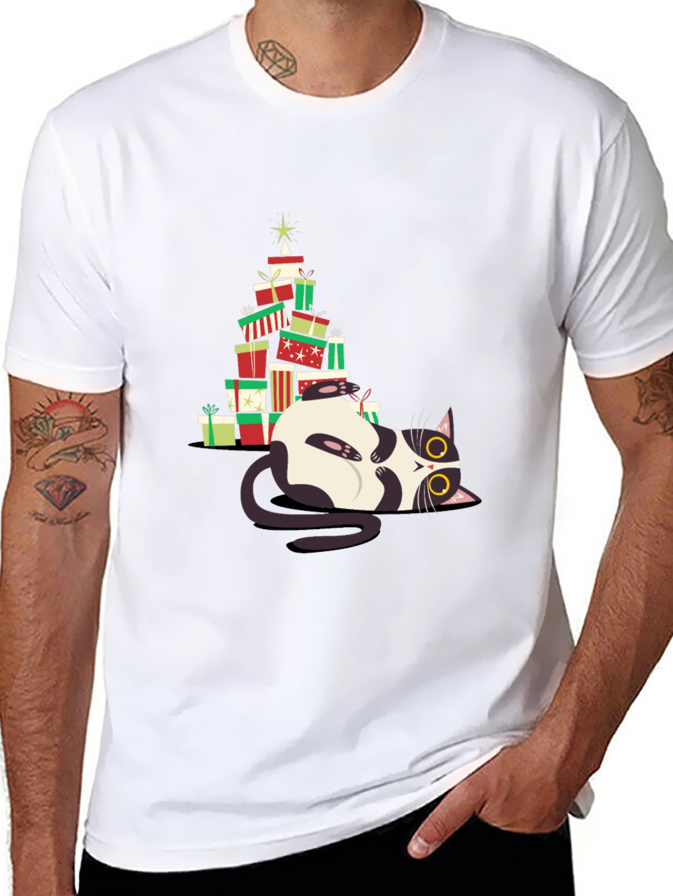 Christmas Cat Gift Stack T-Shirt - Festive & Fun!
