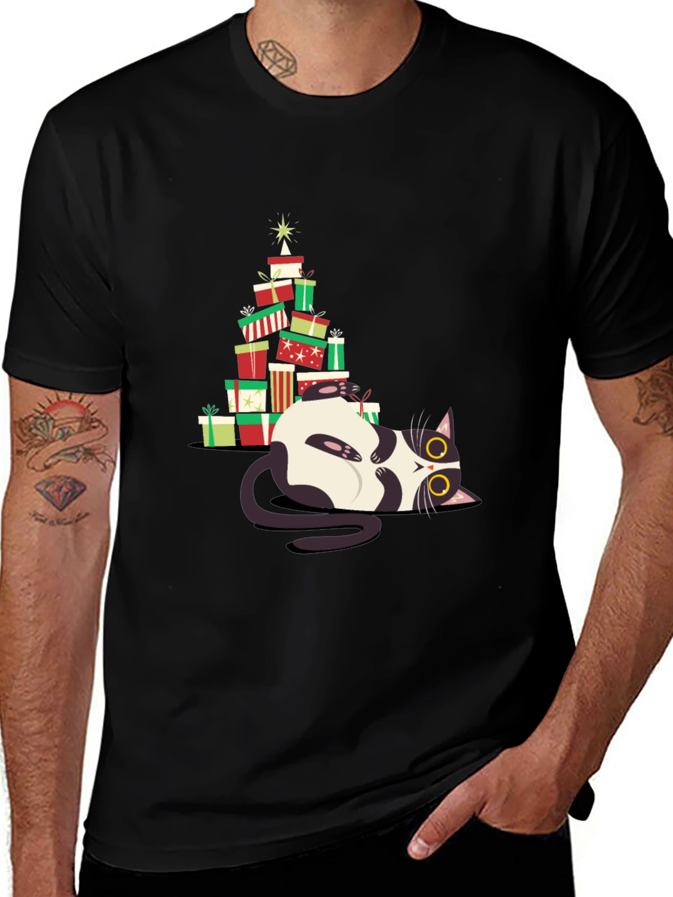 Christmas Cat Gift Stack T-Shirt - Festive & Fun!