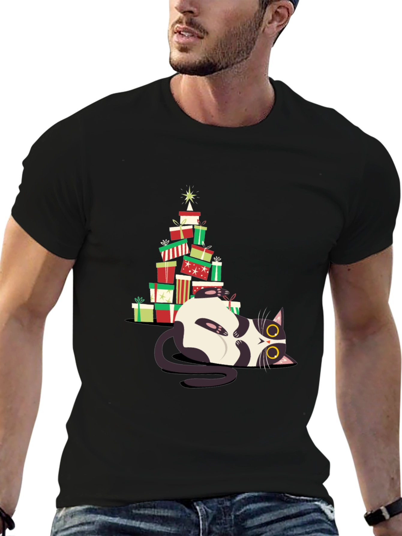 Christmas Cat Gift Stack T-Shirt - Festive & Fun!
