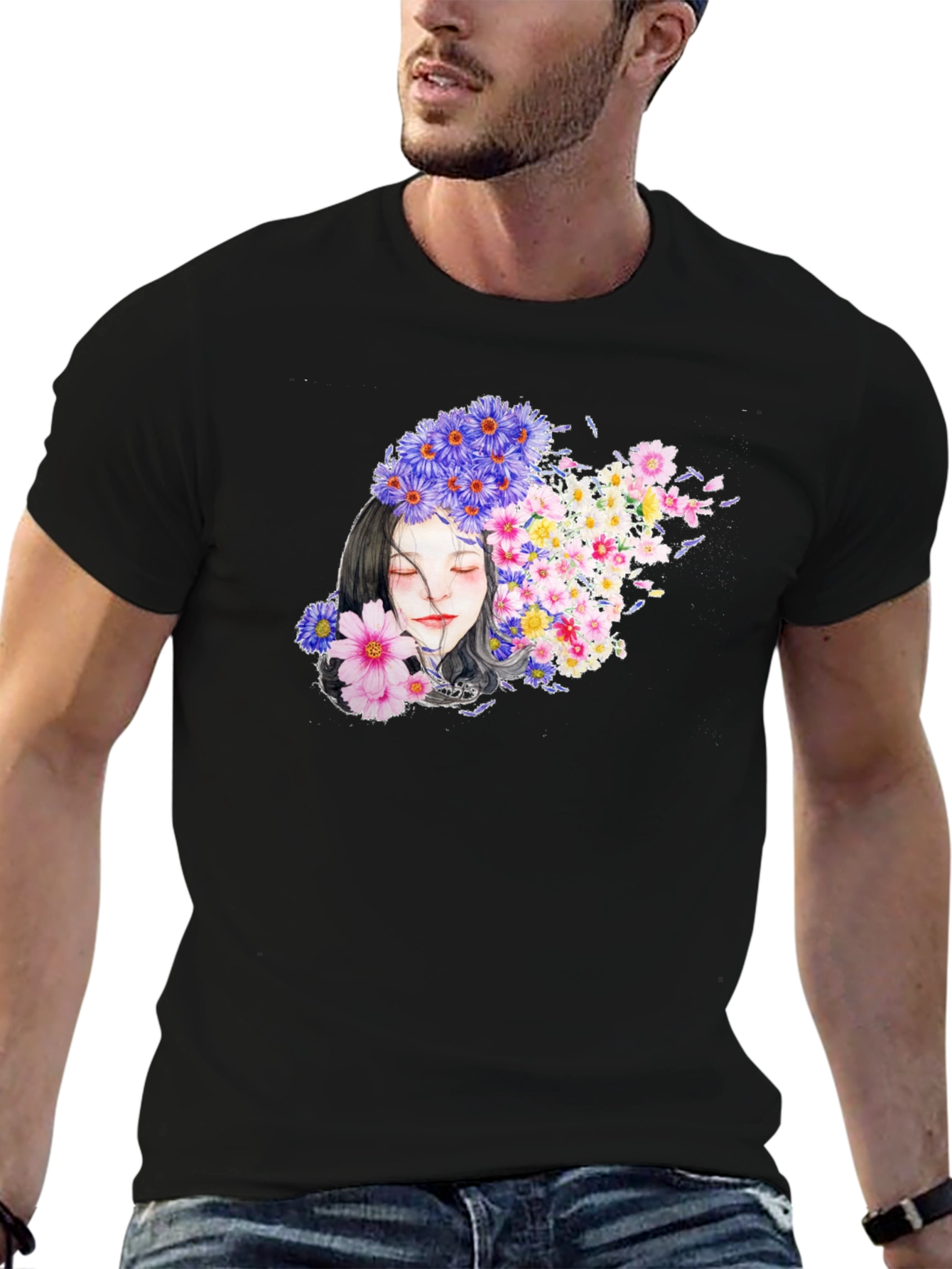 Floral Woman Graphic Black T-Shirt
