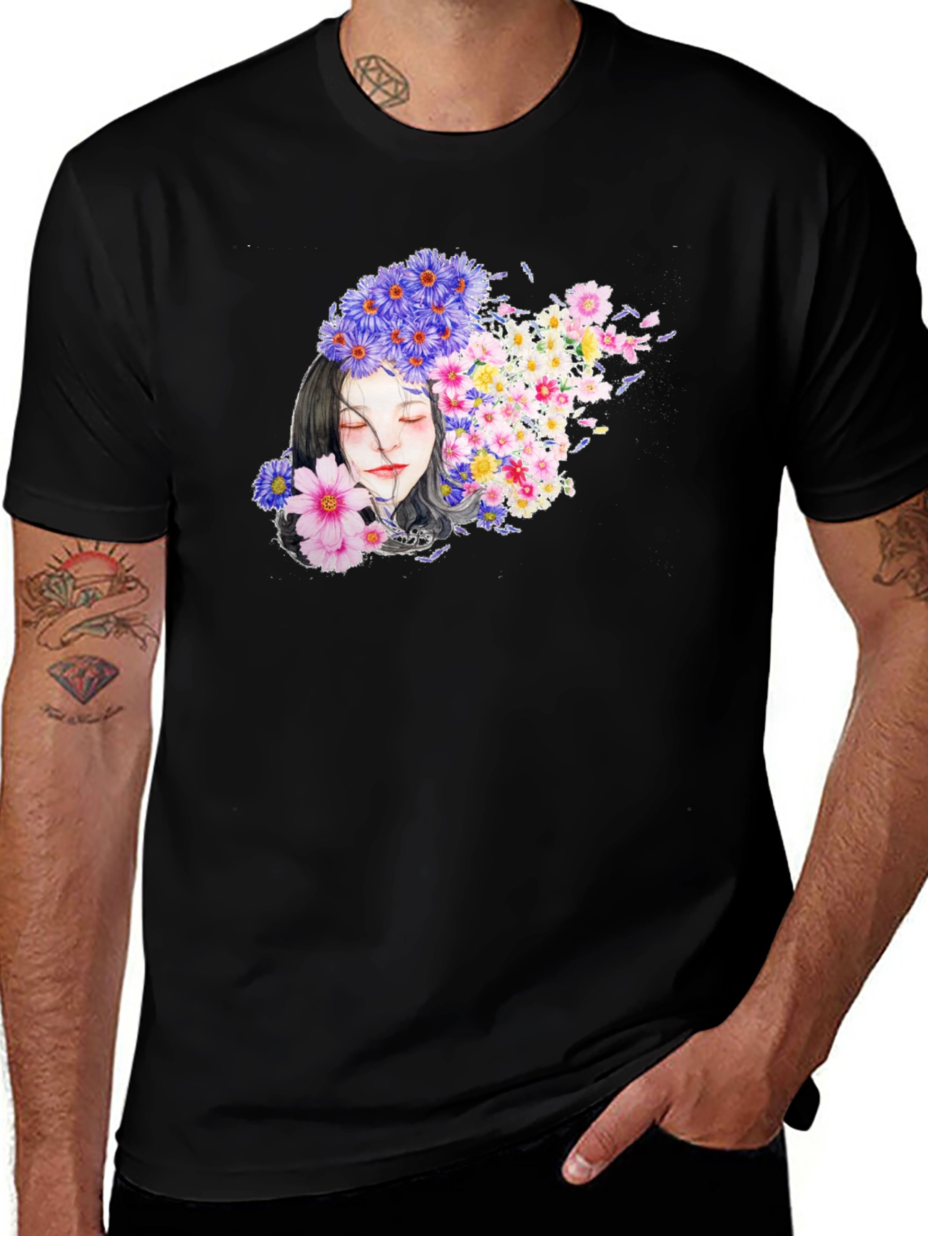 Floral Woman Graphic Black T-Shirt