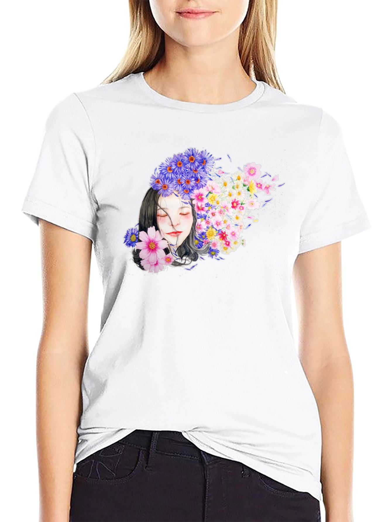 Floral Woman Graphic Black T-Shirt