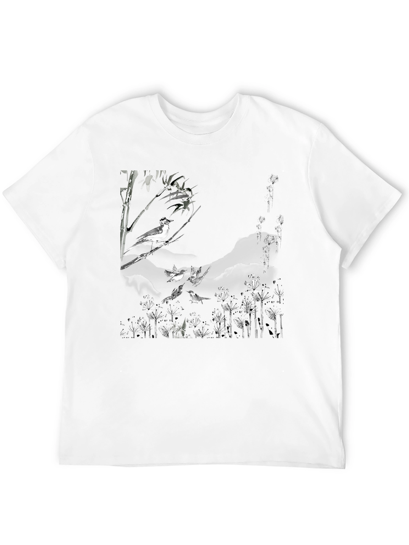 Black T-Shirt with Bird and Floral Print