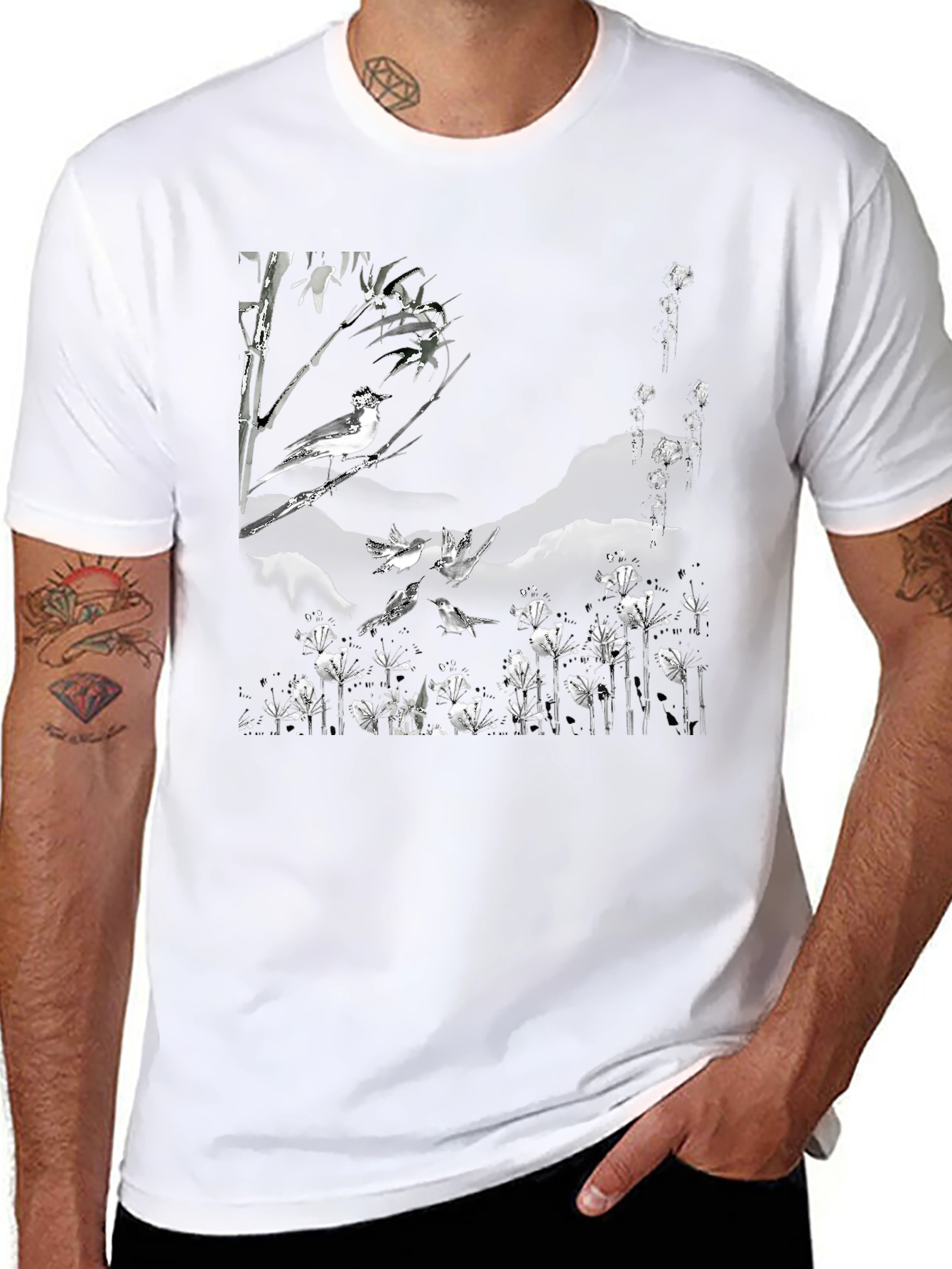 Black T-Shirt with Bird and Floral Print