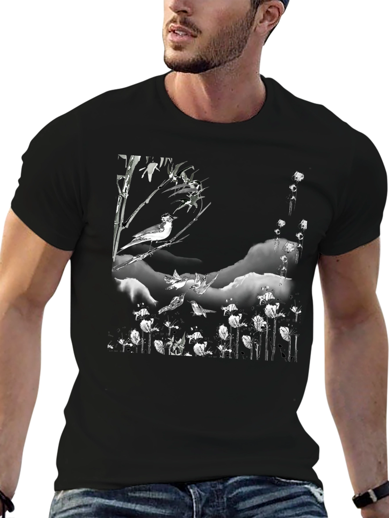 Black T-Shirt with Bird and Floral Print