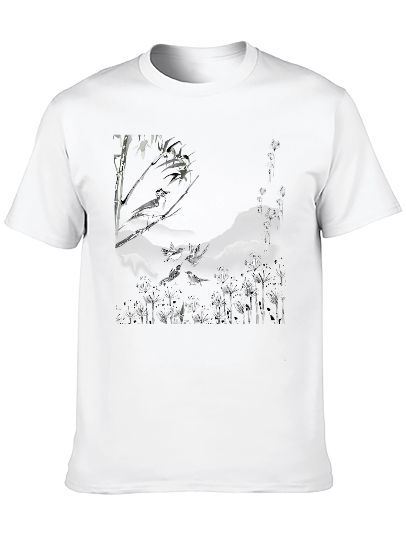 Black T-Shirt with Bird and Floral Print