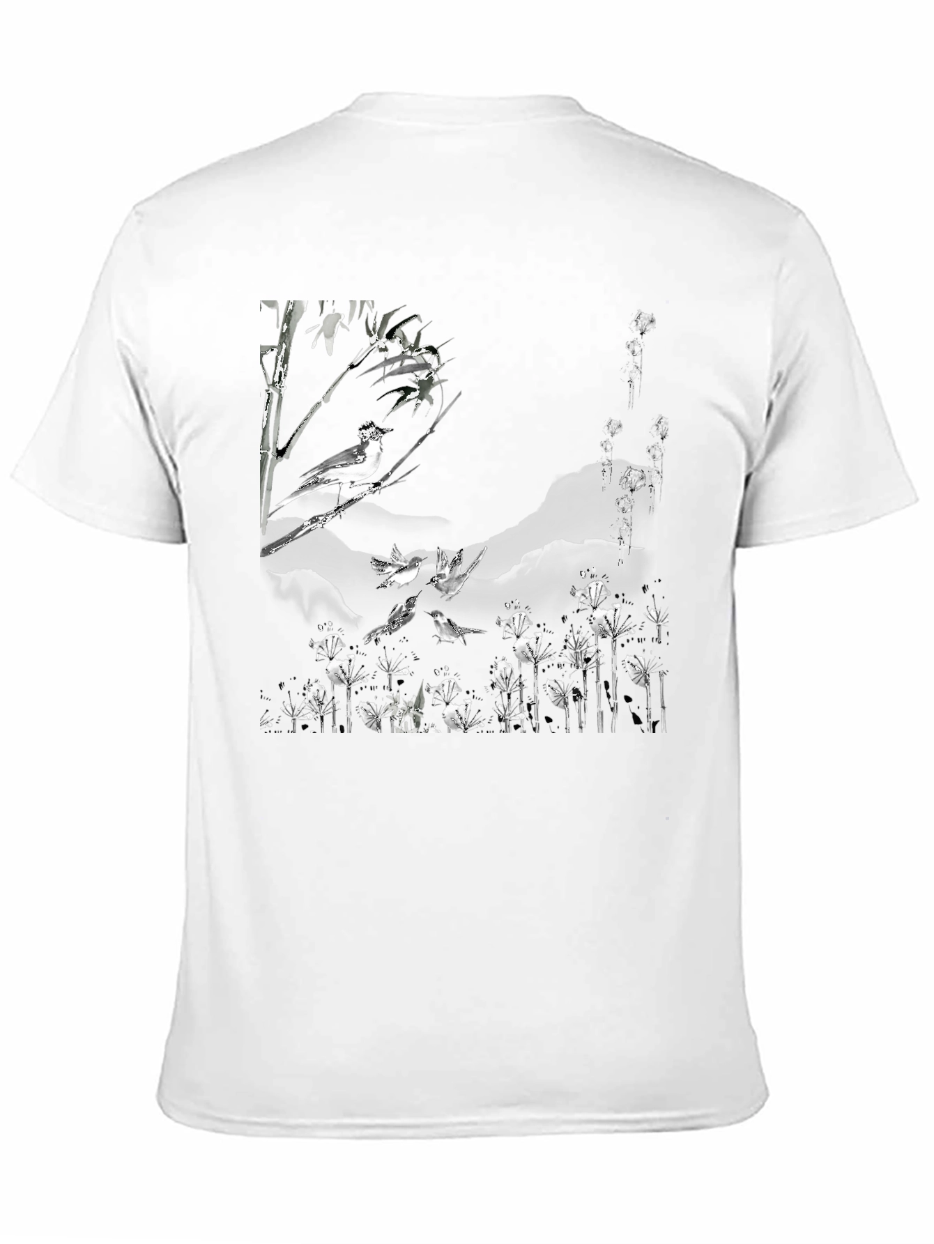 Black T-Shirt with Bird and Floral Print