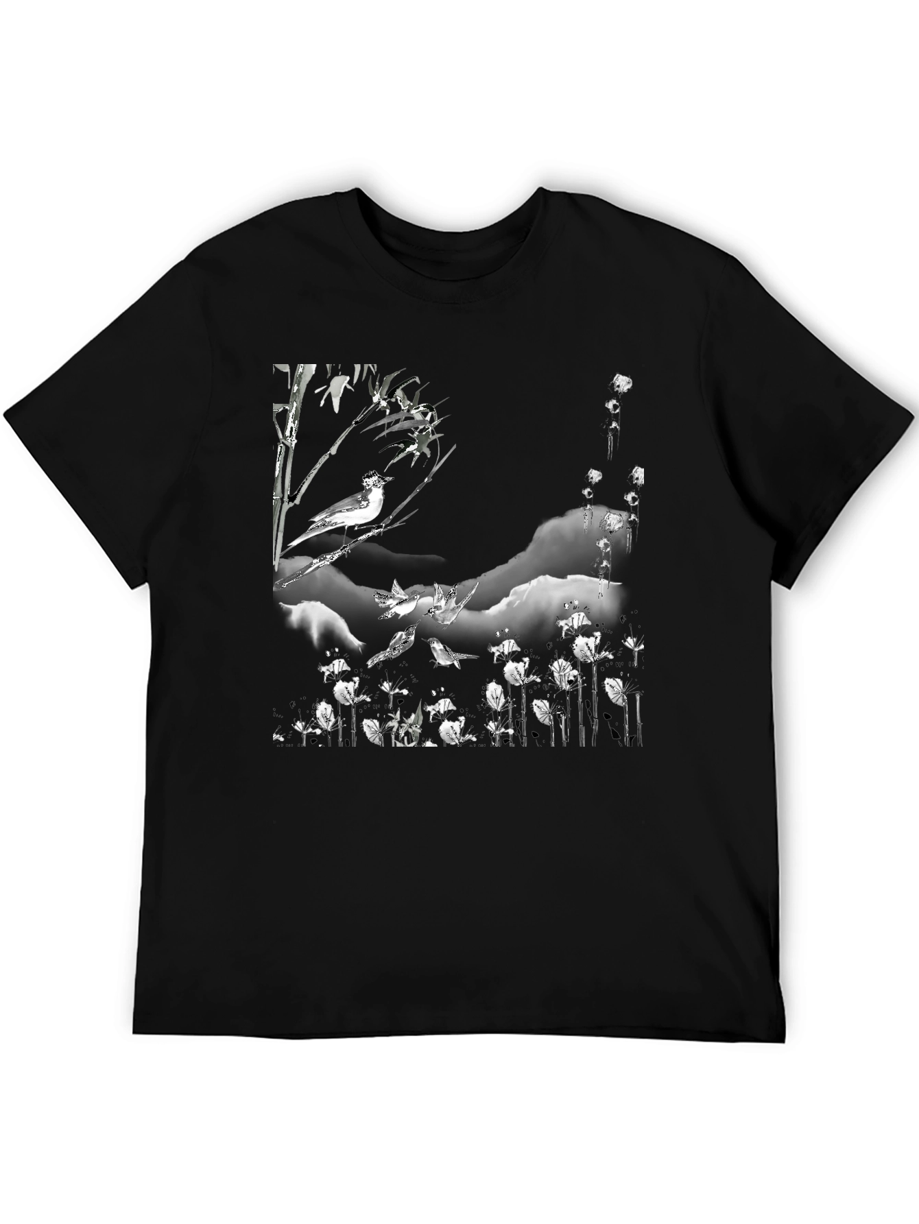 Black T-Shirt with Bird and Floral Print