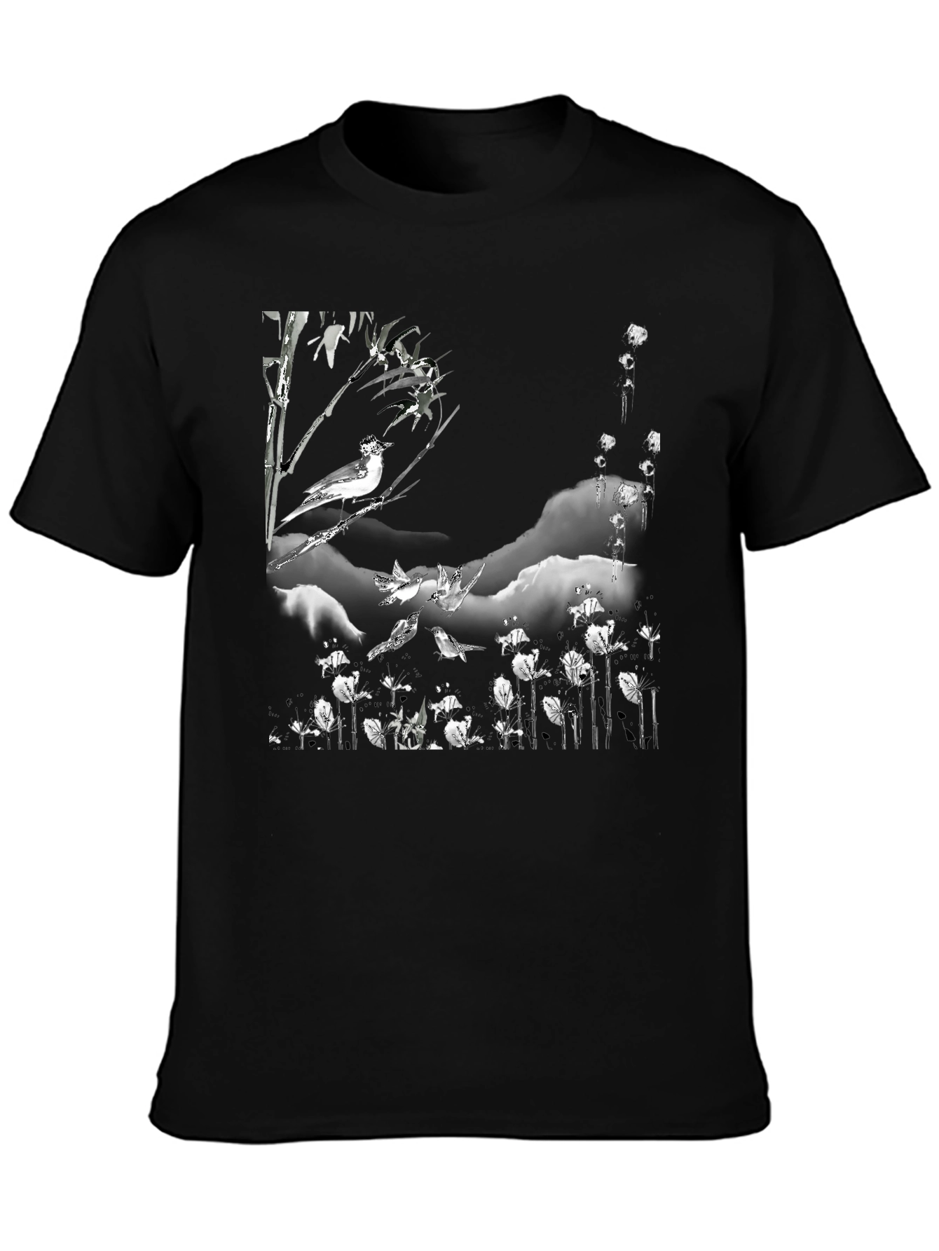 Black T-Shirt with Bird and Floral Print