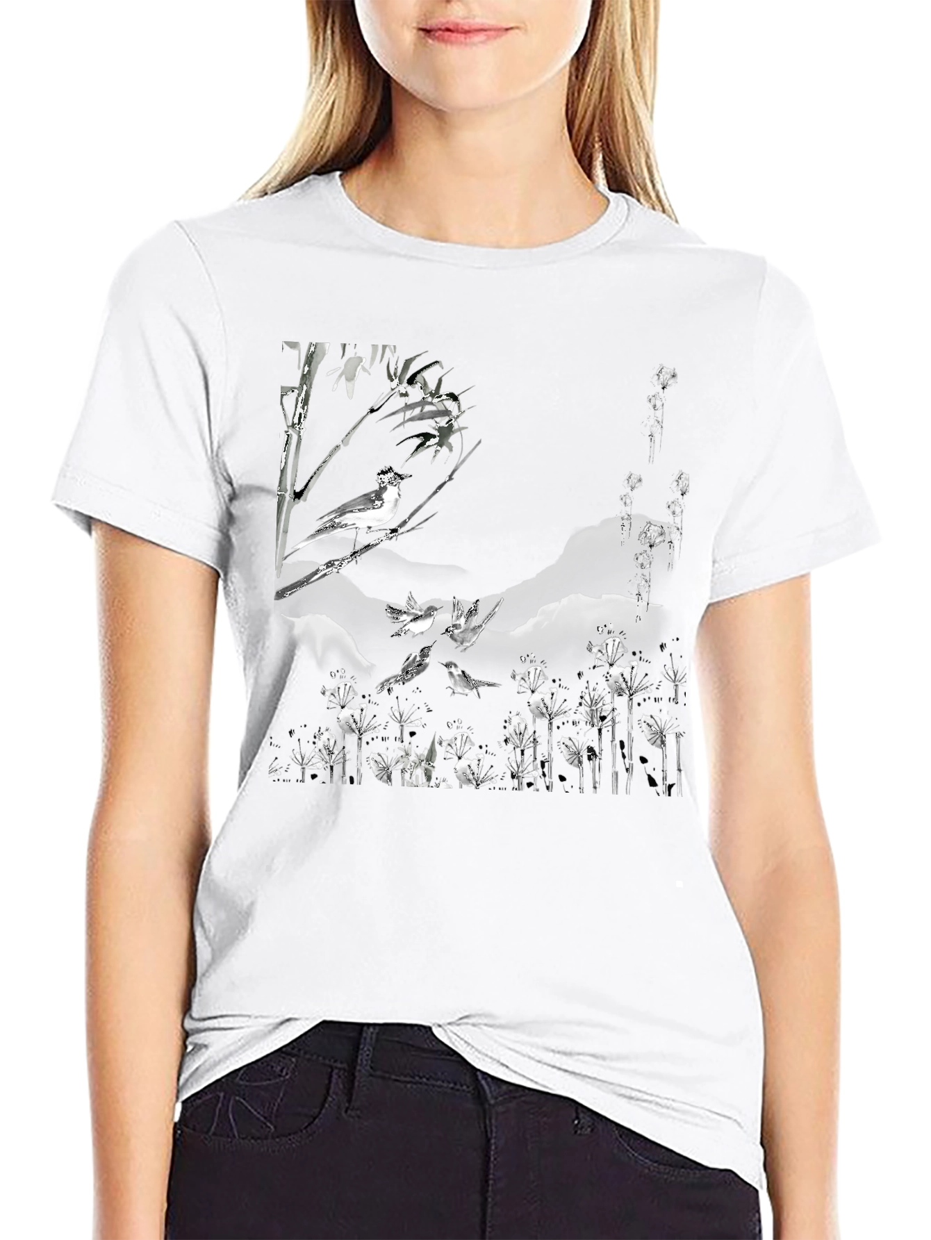Black T-Shirt with Bird and Floral Print