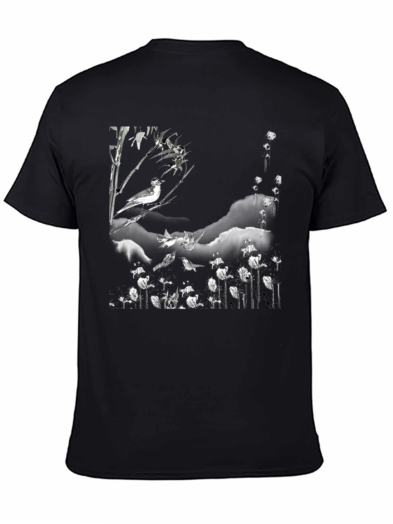 Black T-Shirt with Bird and Floral Print