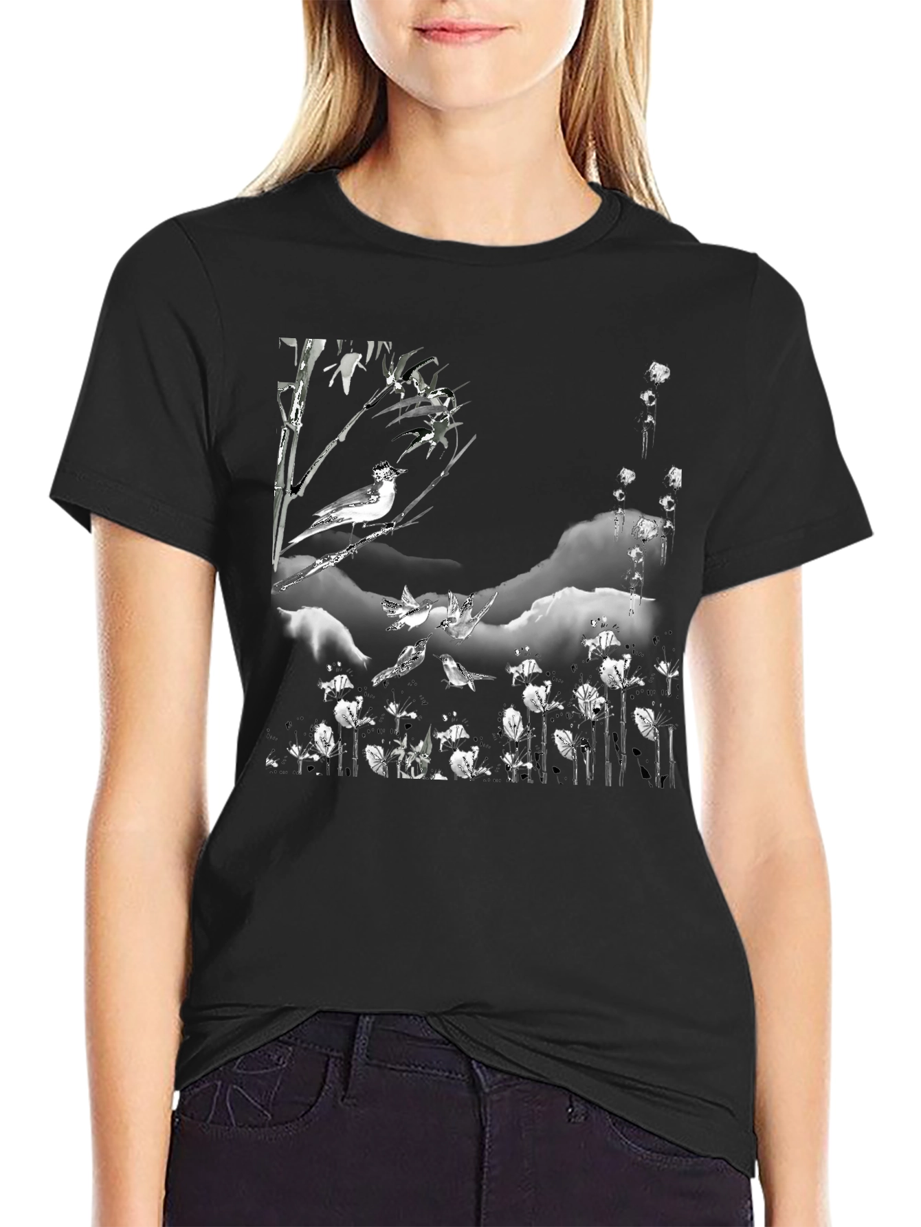 Black T-Shirt with Bird and Floral Print