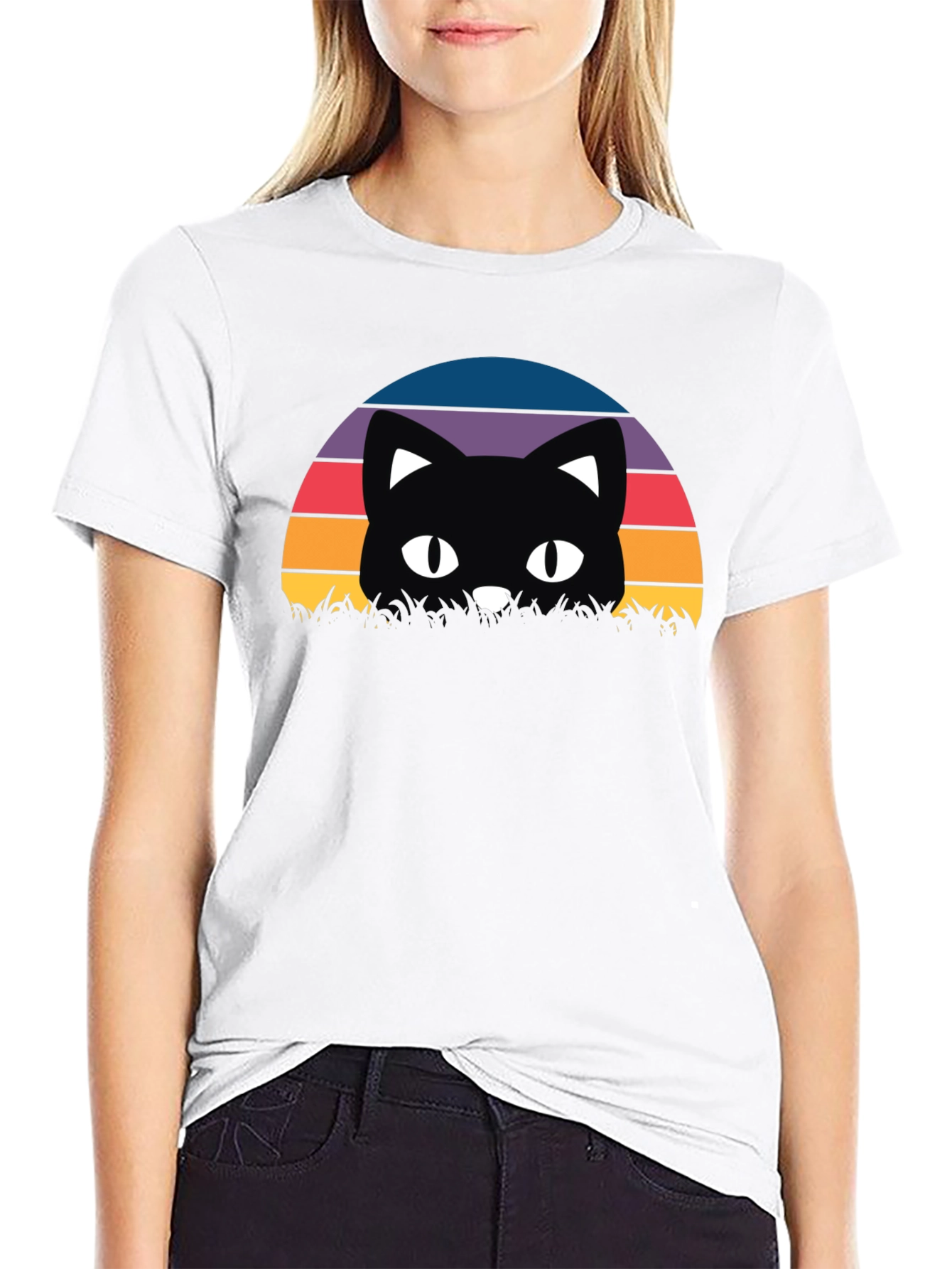 Retro Cat Sunset T-Shirt - Black