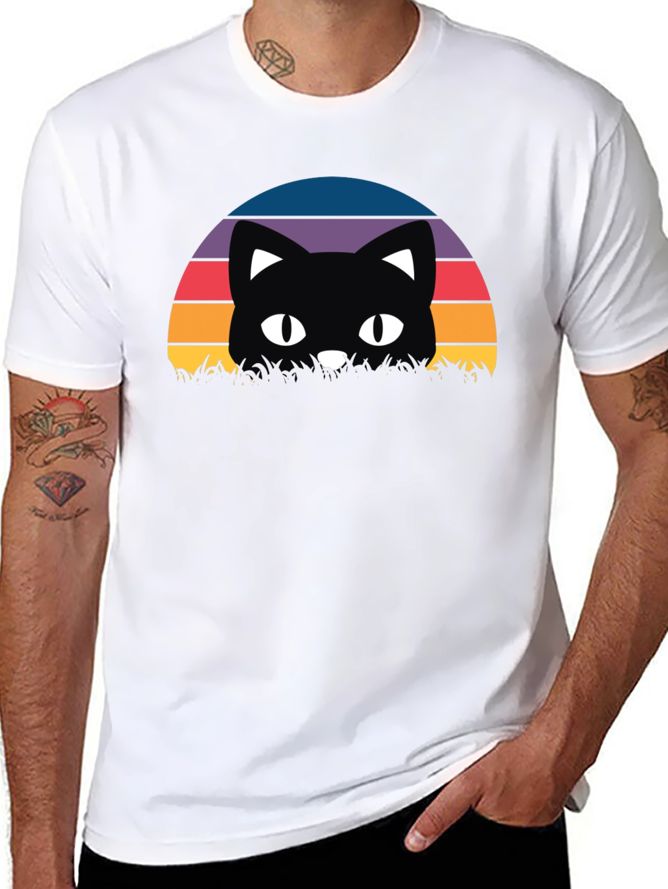 Retro Cat Sunset T-Shirt - Black