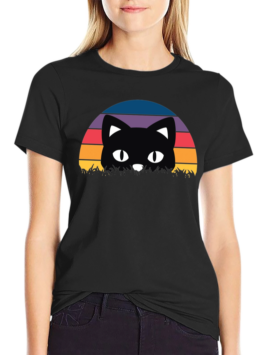 Retro Cat Sunset T-Shirt - Black