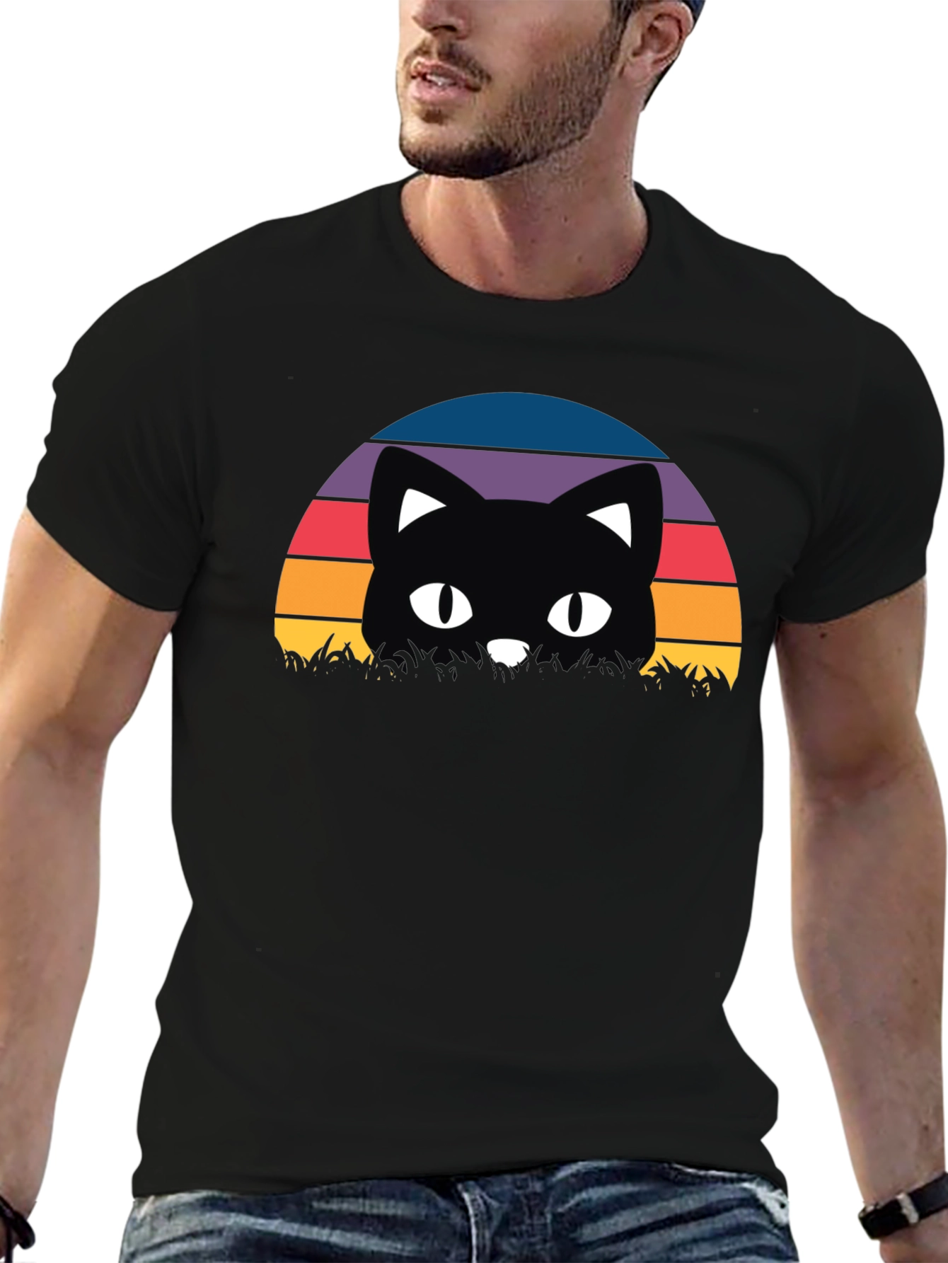 Retro Cat Sunset T-Shirt - Black