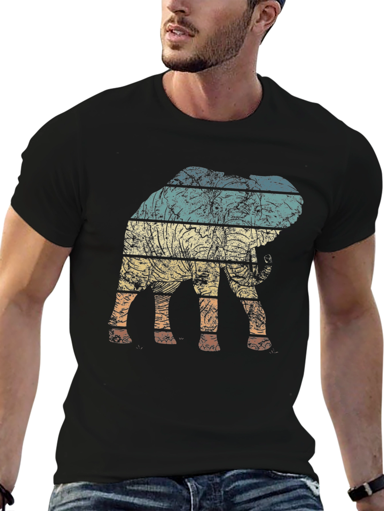 Retro Elephant Striped Graphic Tee