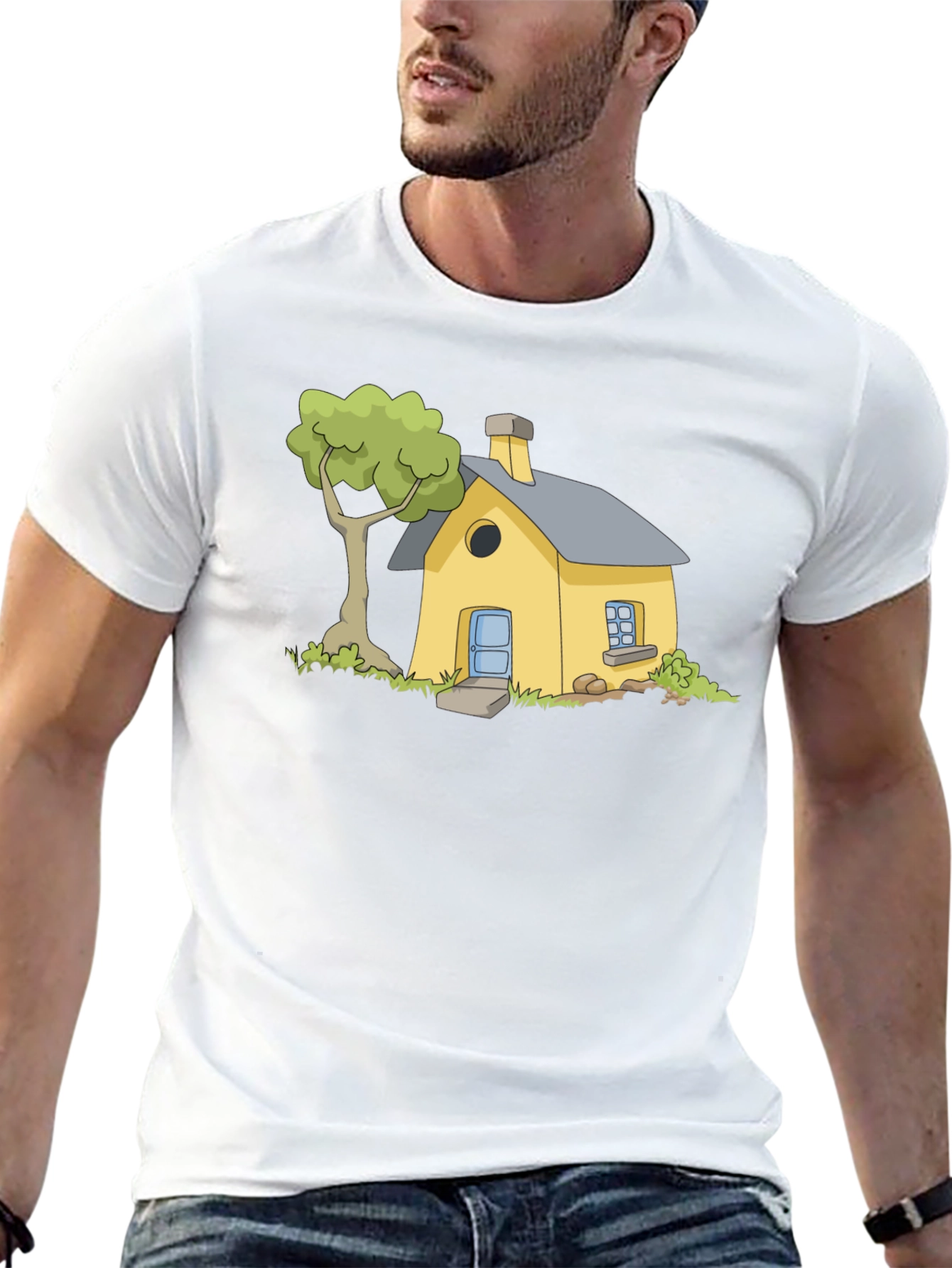 Cartoon House Graphic Tee - Black Cotton T-Shirt