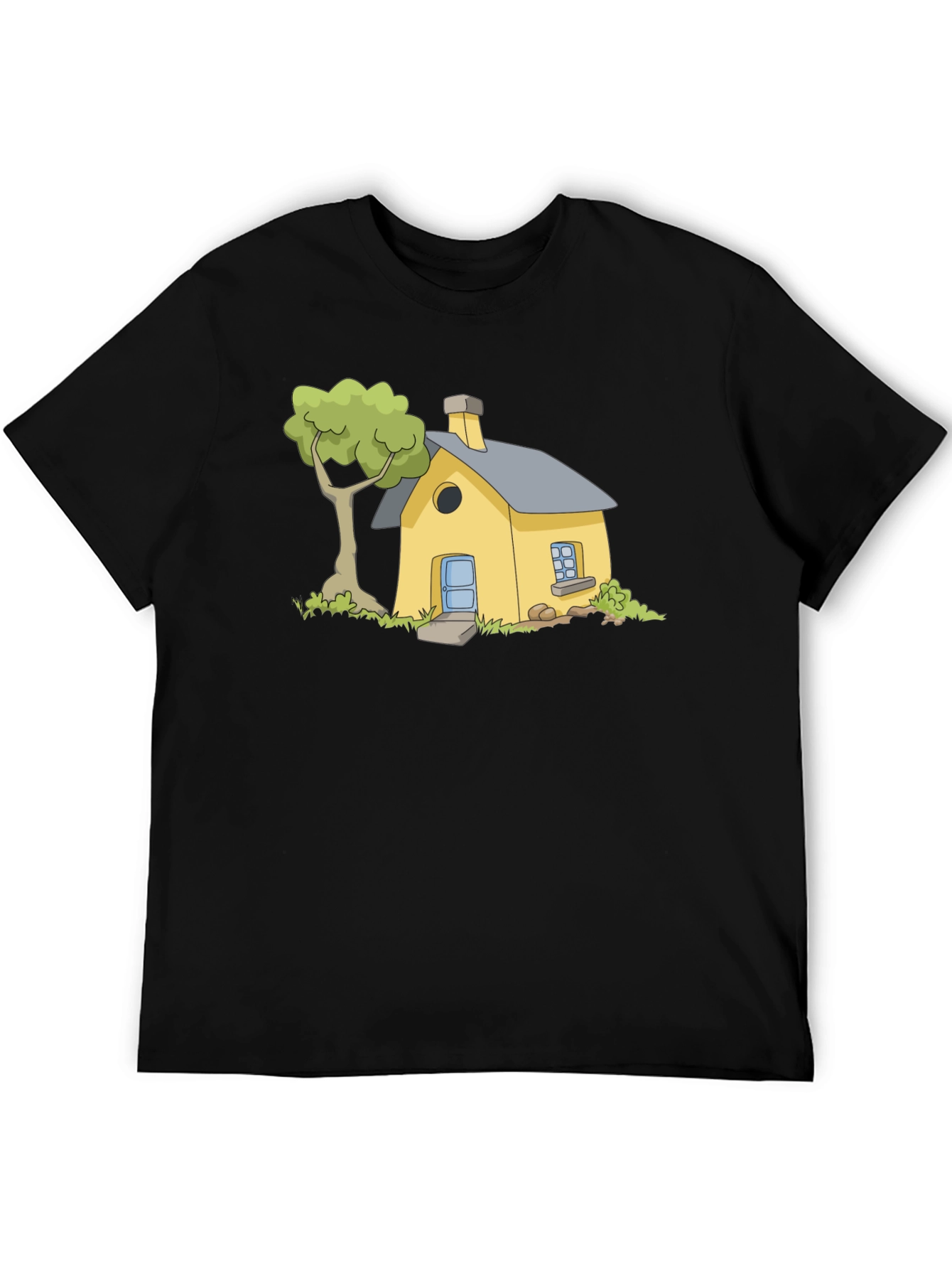 Cartoon House Graphic Tee - Black Cotton T-Shirt
