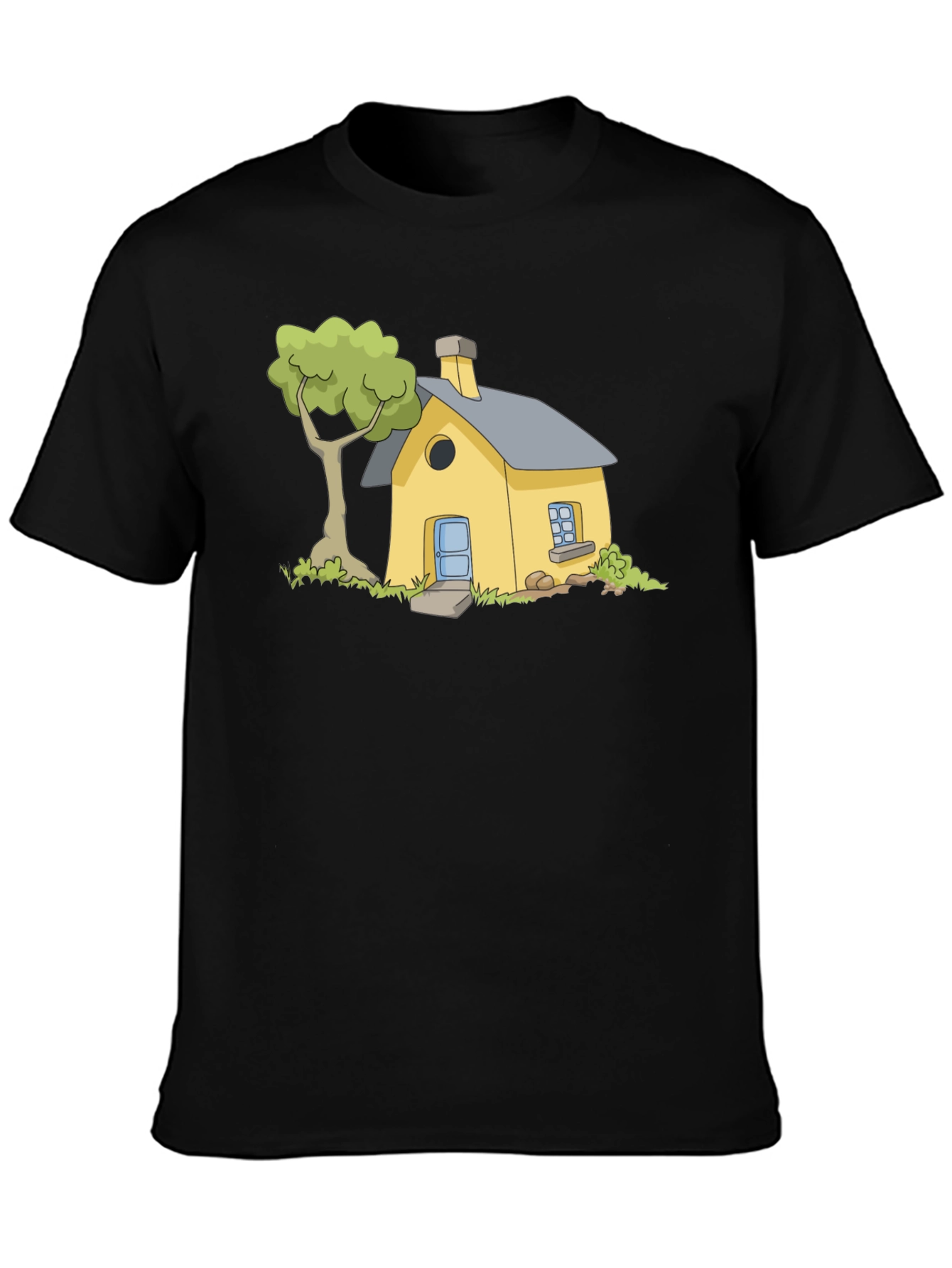 Cartoon House Graphic Tee - Black Cotton T-Shirt