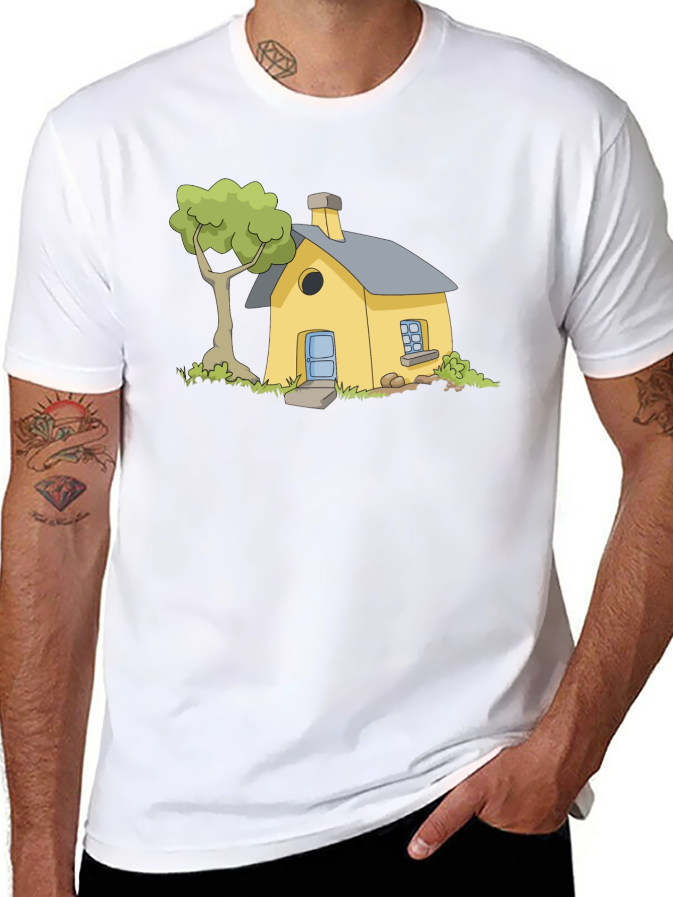 Cartoon House Graphic Tee - Black Cotton T-Shirt