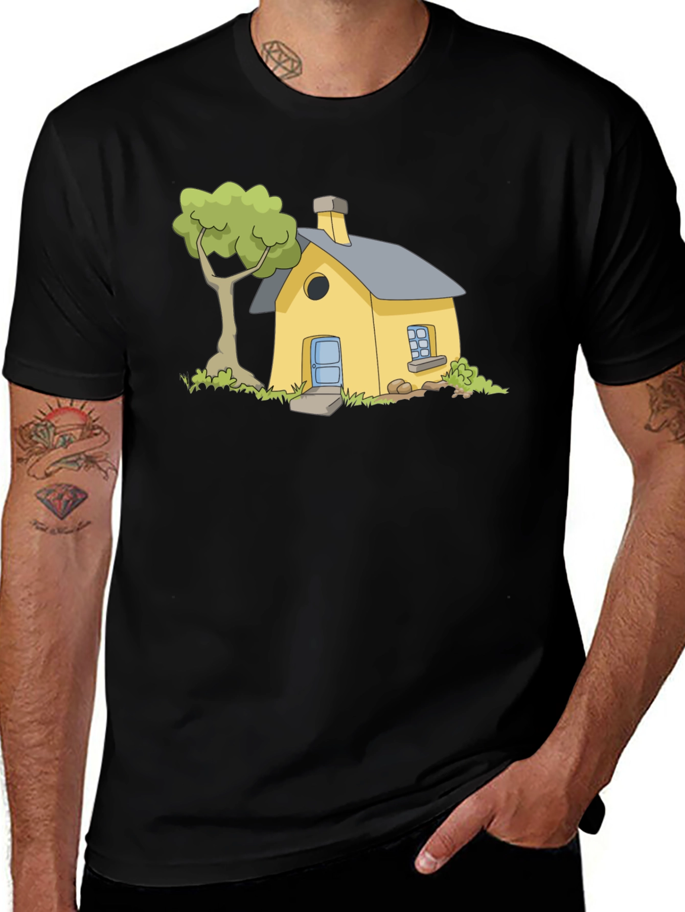 Cartoon House Graphic Tee - Black Cotton T-Shirt