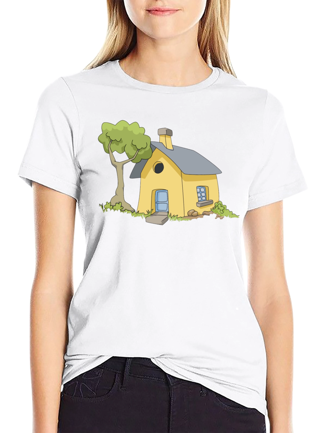 Cartoon House Graphic Tee - Black Cotton T-Shirt