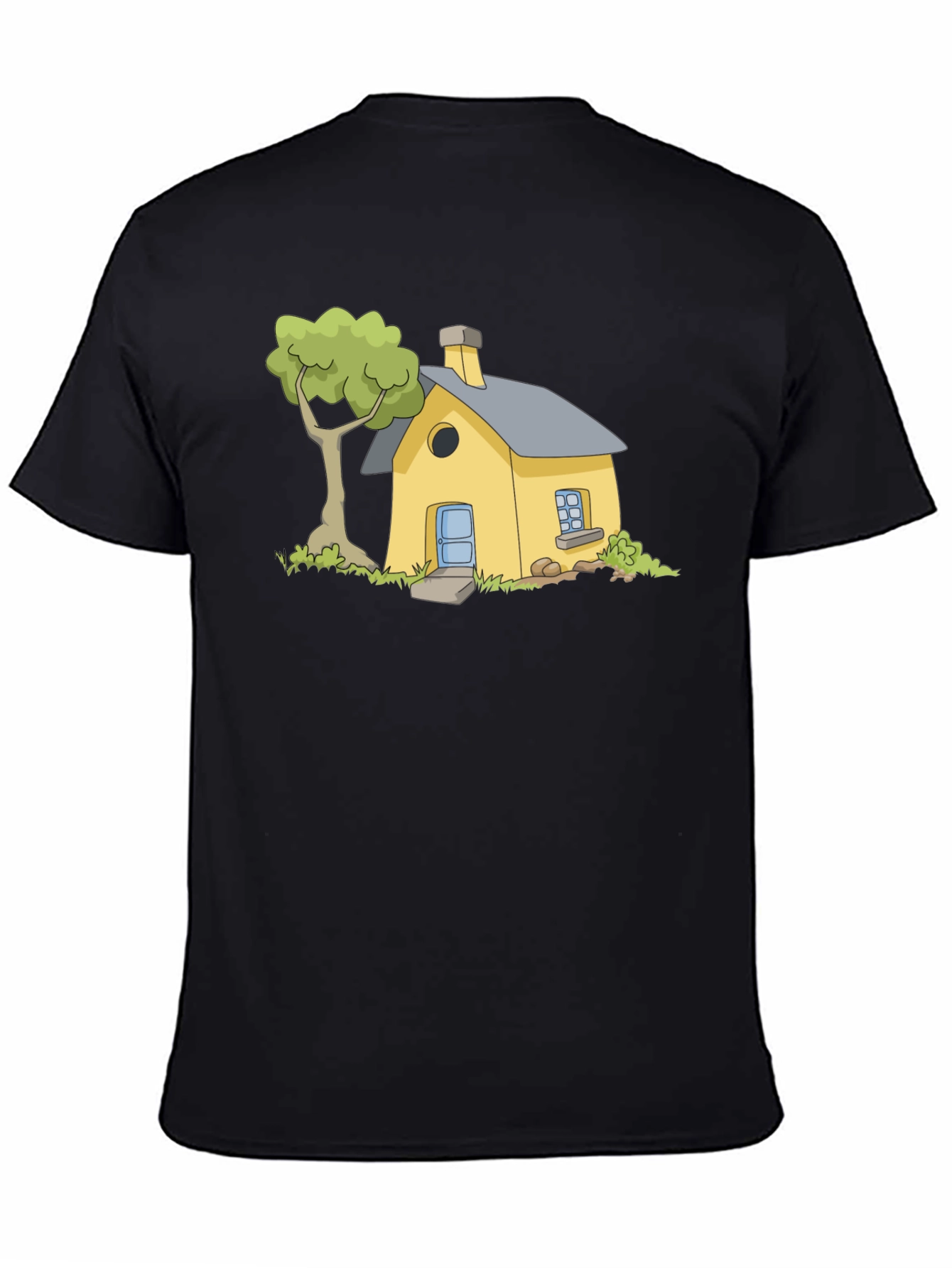 Cartoon House Graphic Tee - Black Cotton T-Shirt