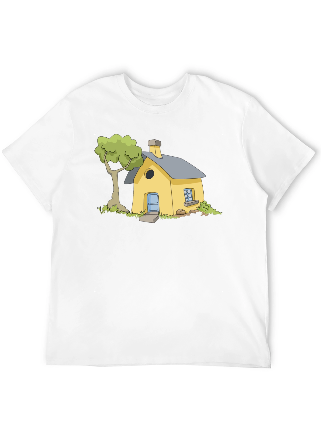Cartoon House Graphic Tee - Black Cotton T-Shirt