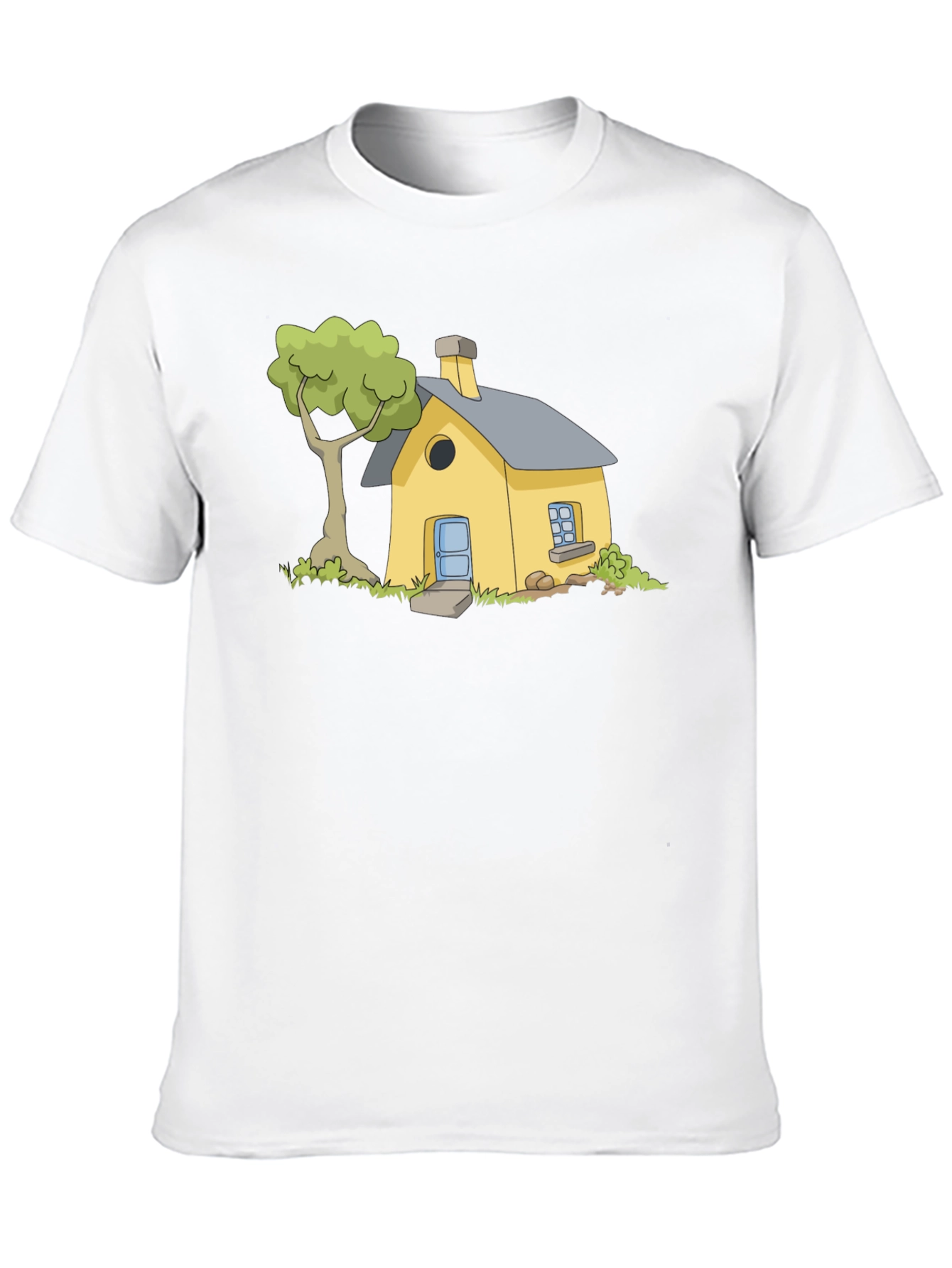 Cartoon House Graphic Tee - Black Cotton T-Shirt