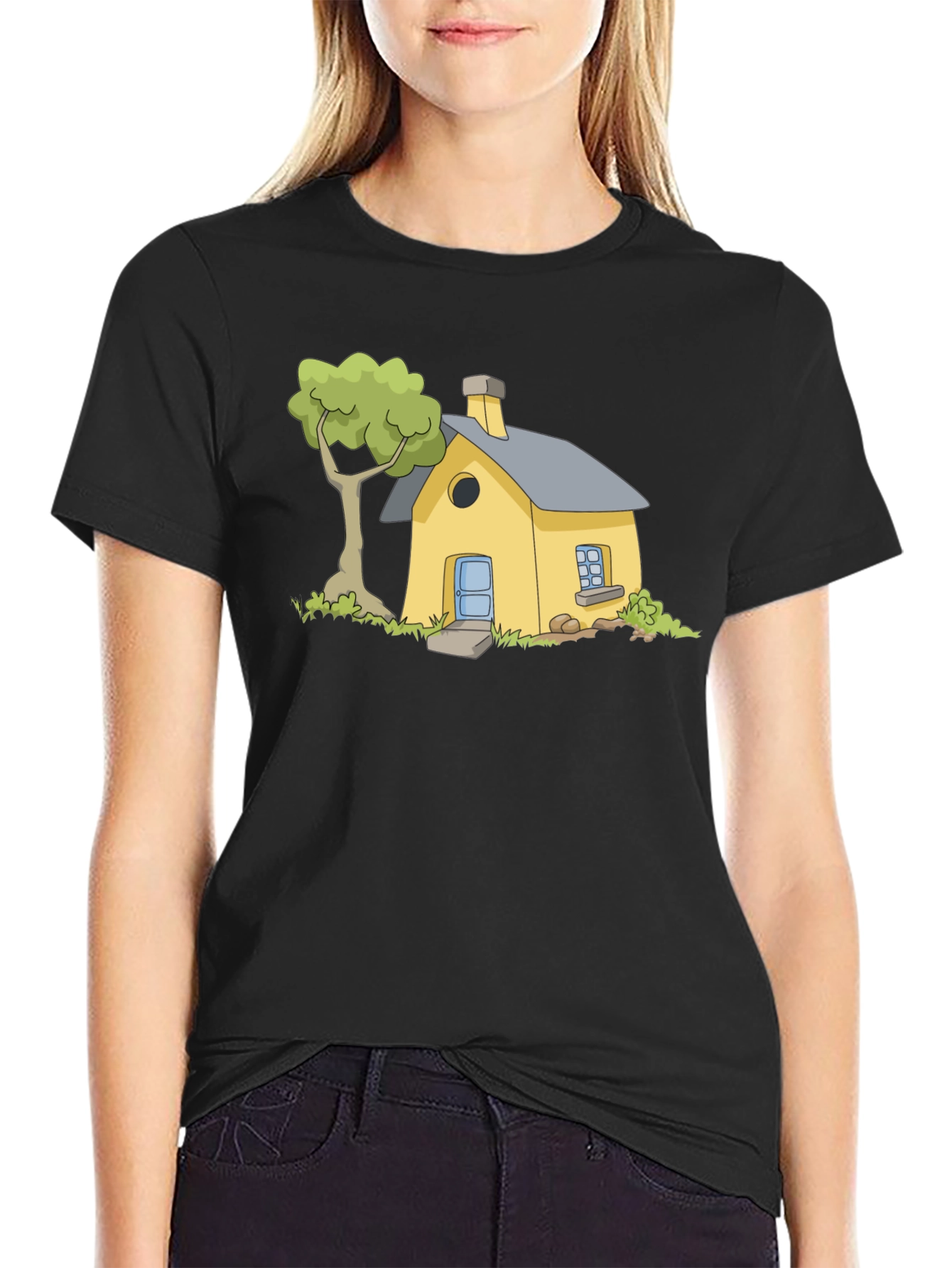 Cartoon House Graphic Tee - Black Cotton T-Shirt