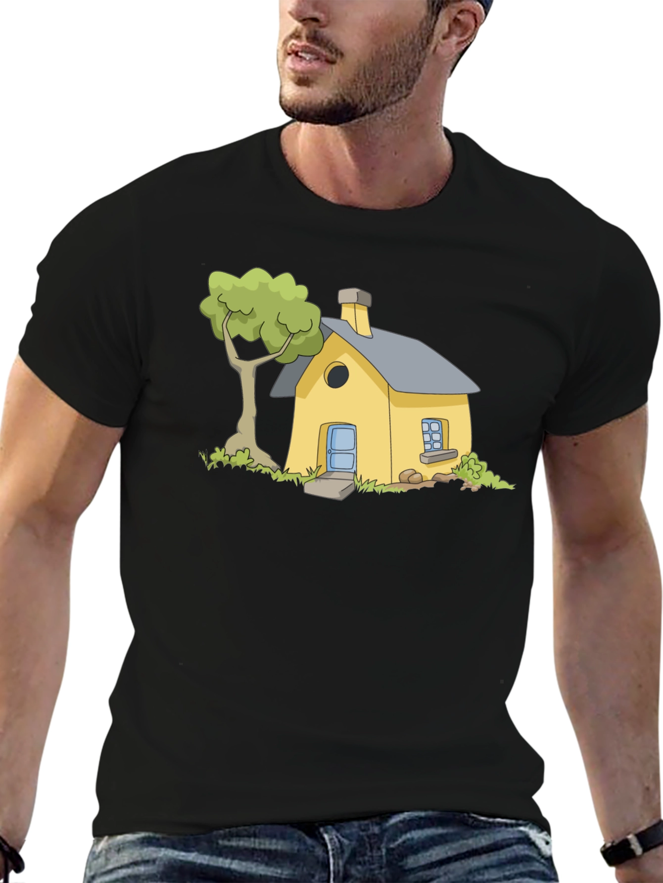 Cartoon House Graphic Tee - Black Cotton T-Shirt