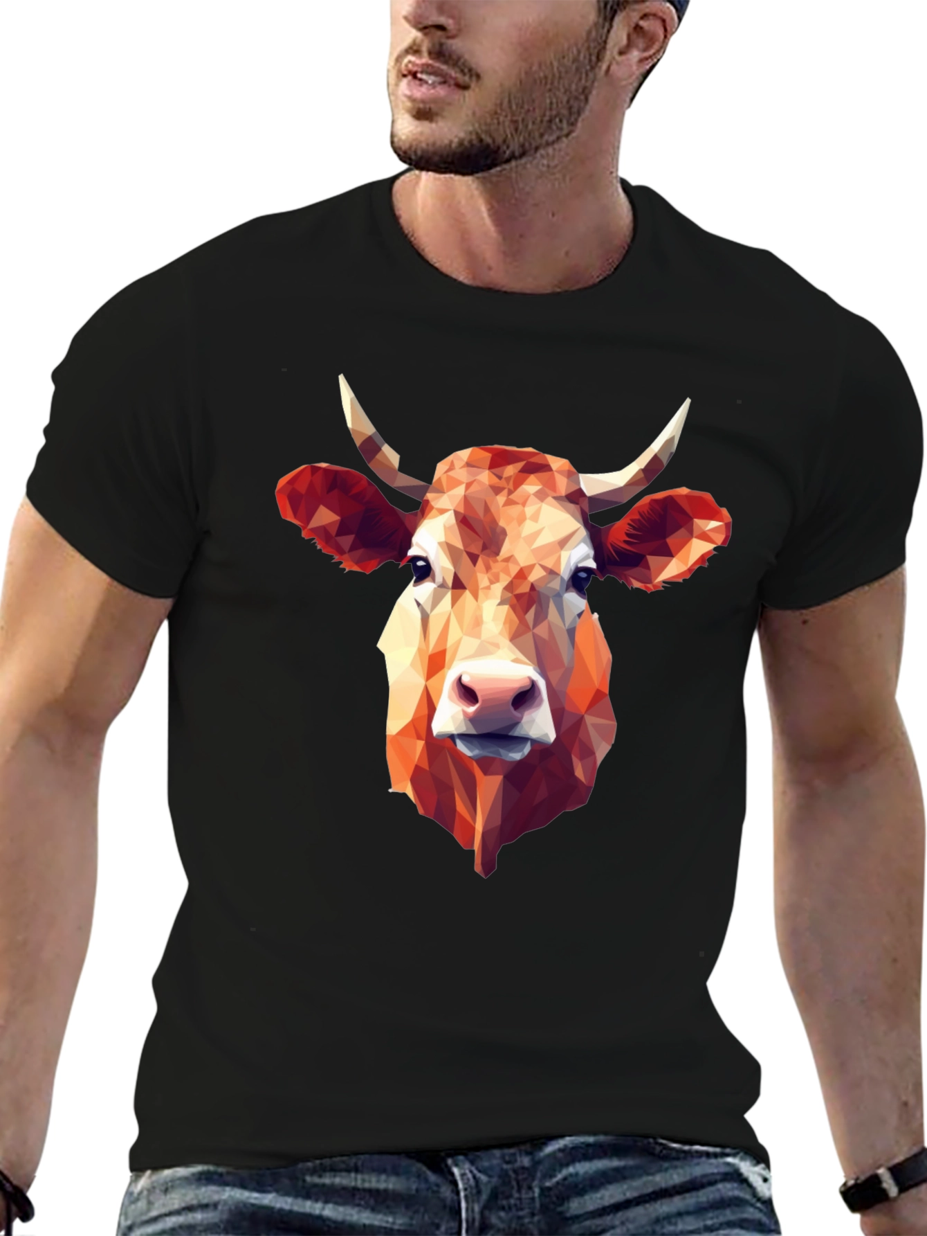 Geometric Cow Graphic Tee - Stylish Black T-Shirt