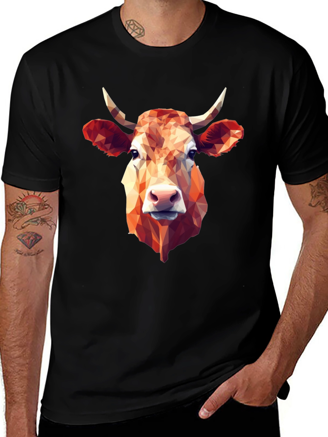 Geometric Cow Graphic Tee - Stylish Black T-Shirt